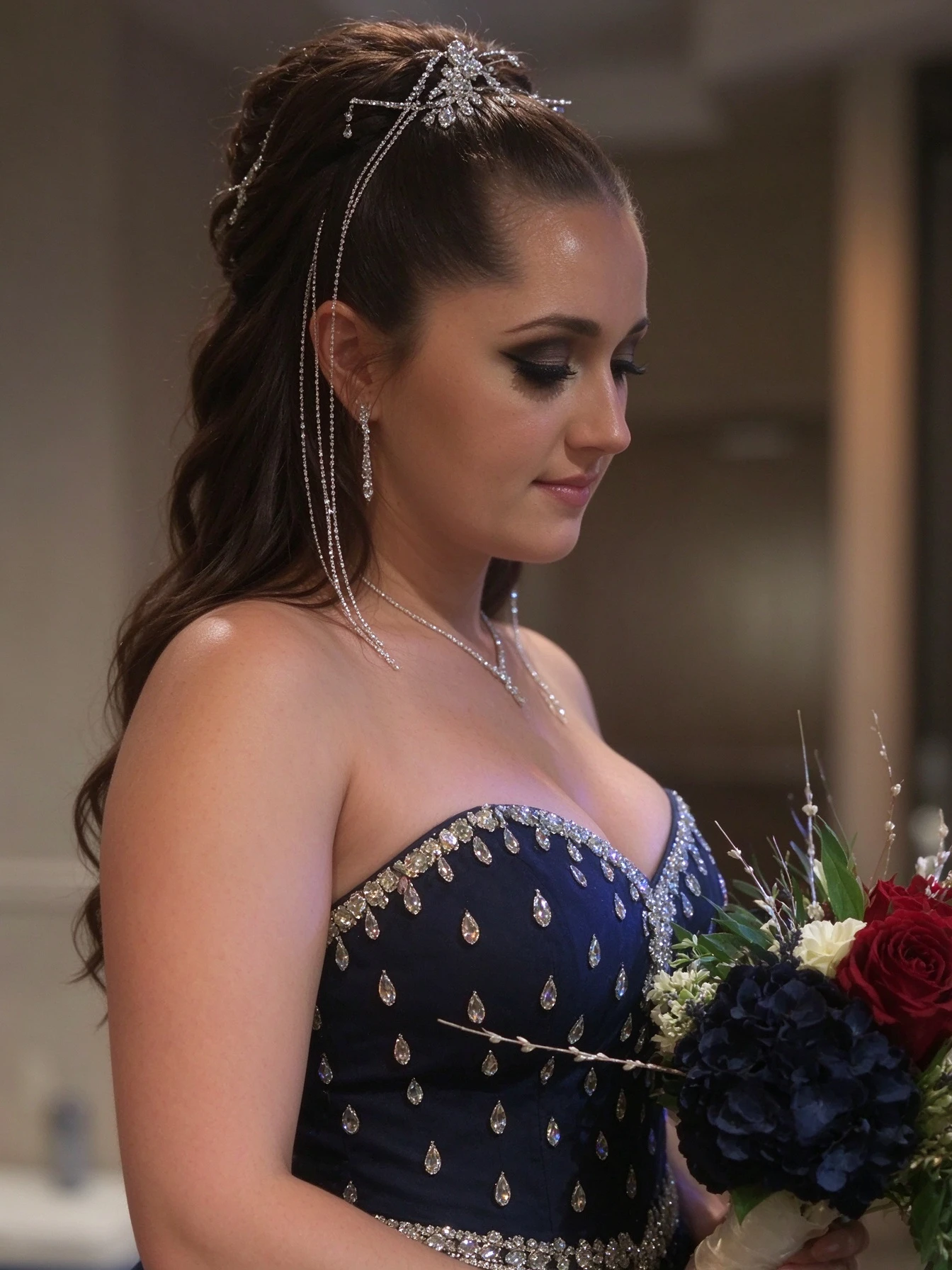 Side view of the beaded sweetheart neckline on a navy blue wedding gown