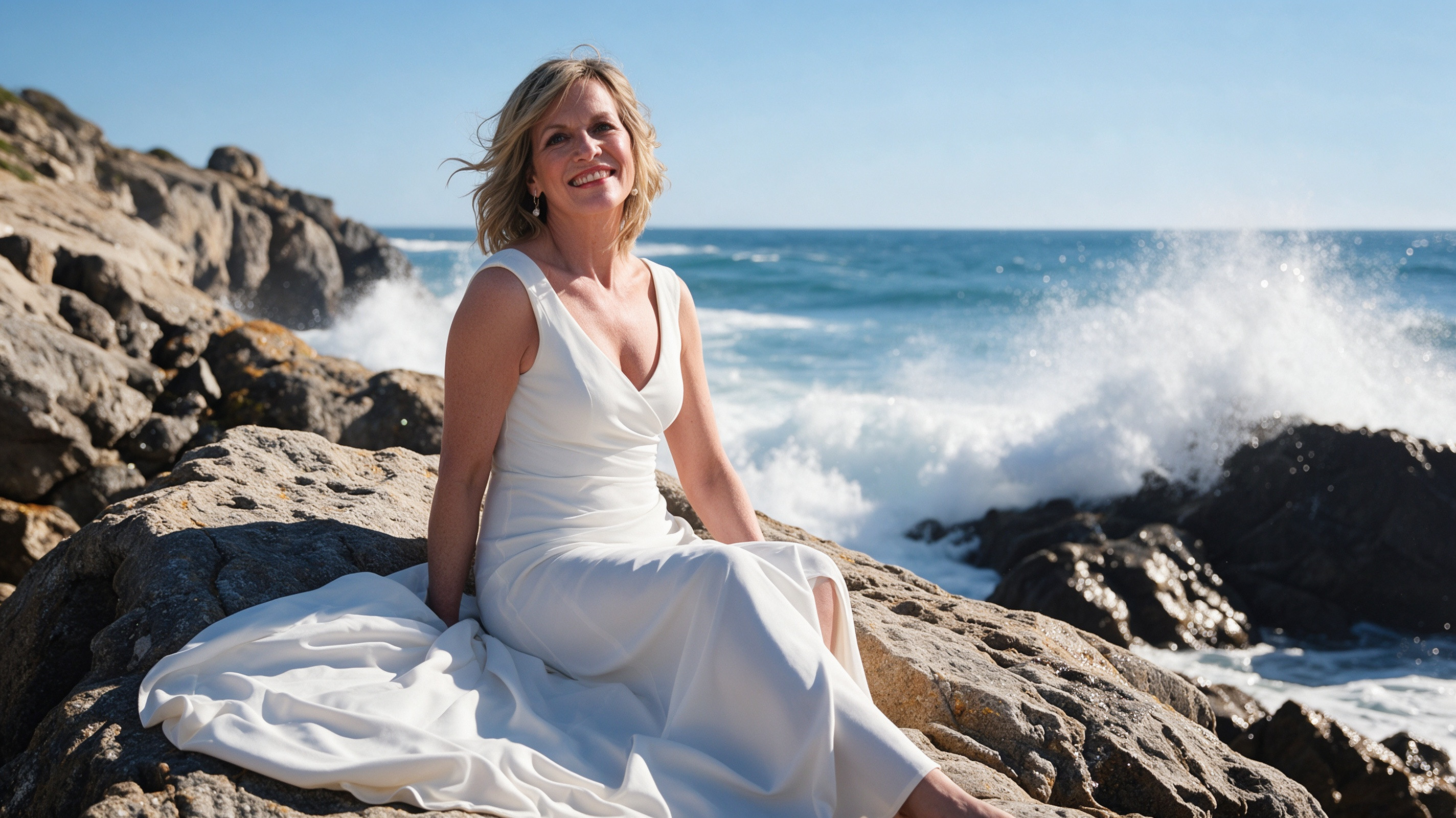 Bride sitting on rocks with wedding dress spread out during Portugal cliff elopement