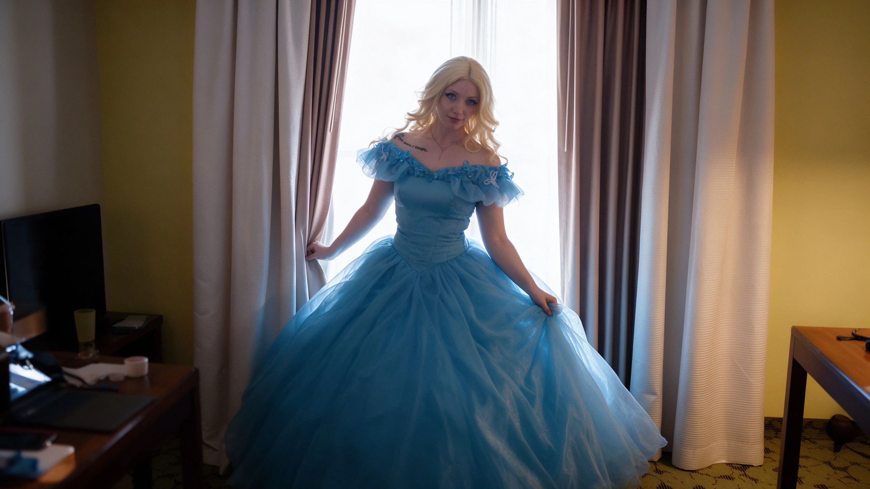 Sky blue off the shoulder ball gown with full princess skirt