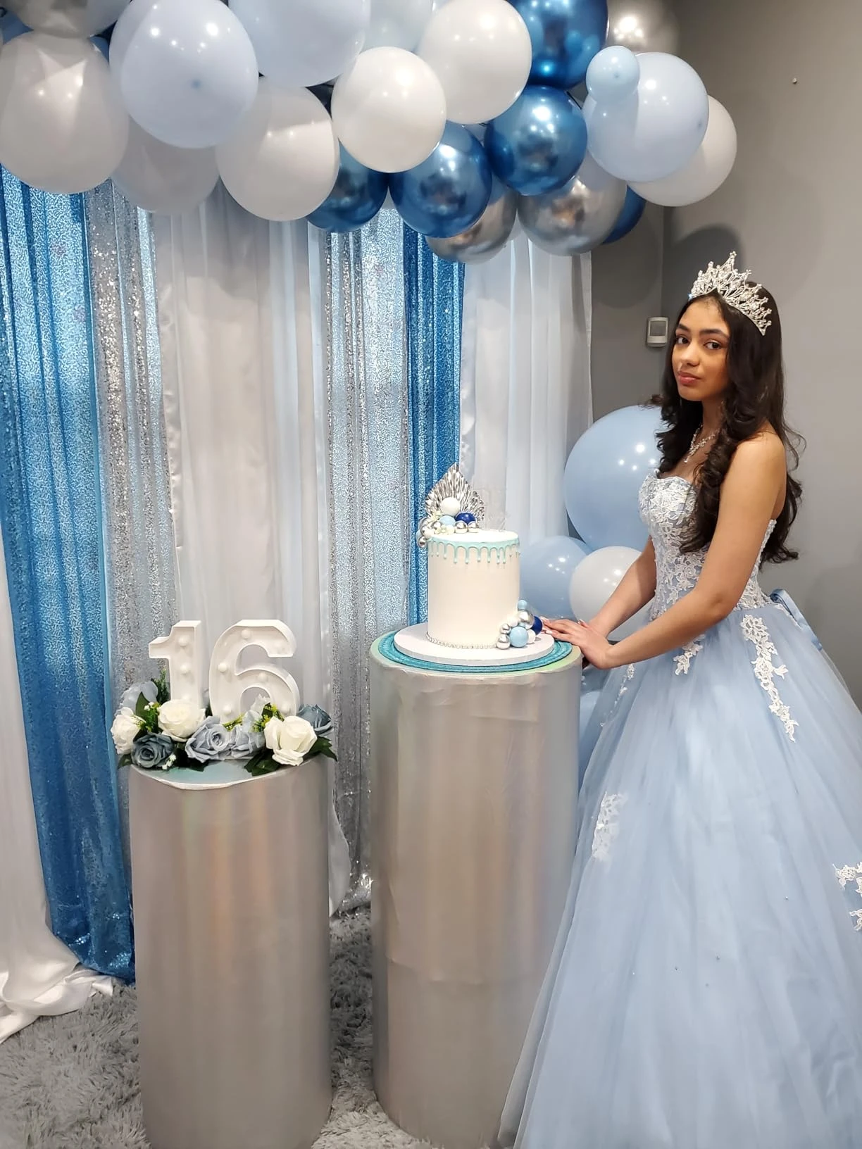 Sky blue Sweet 16 gown with birthday cake portrait