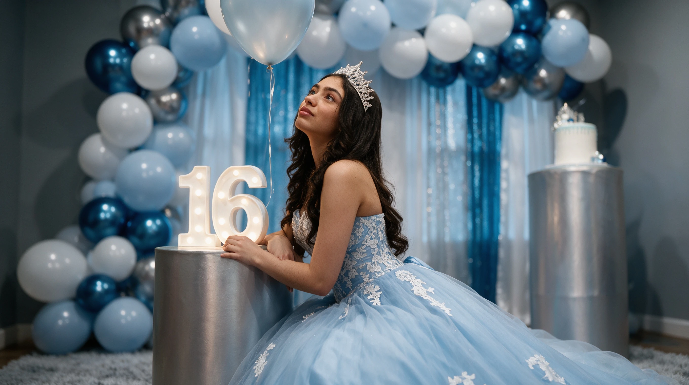 Dreamy sky blue tulle Sweet 16 gown portrait