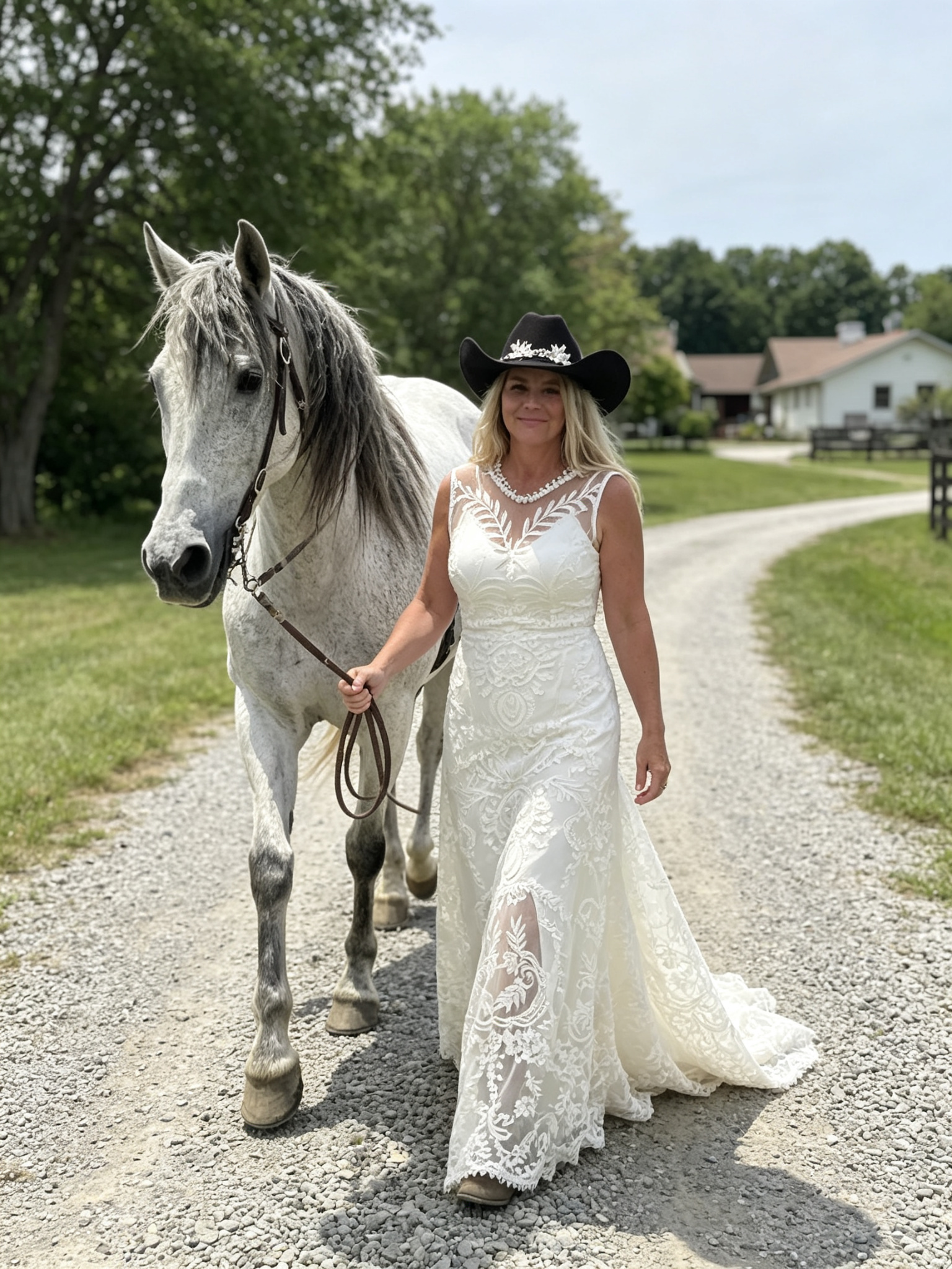 Bride wearing a sleeveless lace western wedding dress while leading a white horse on a country road