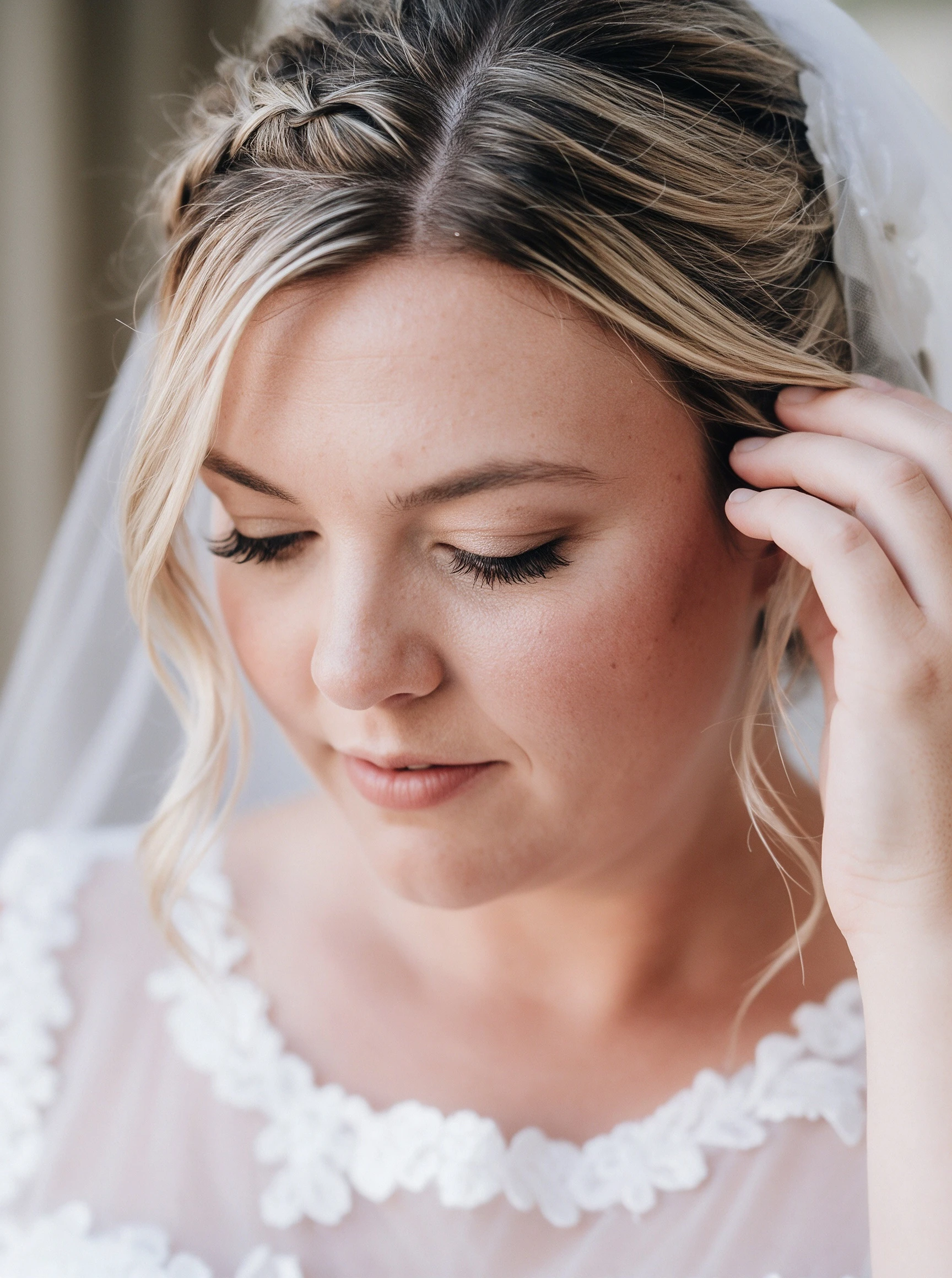 Soft bridal moment in my short lace wedding dress