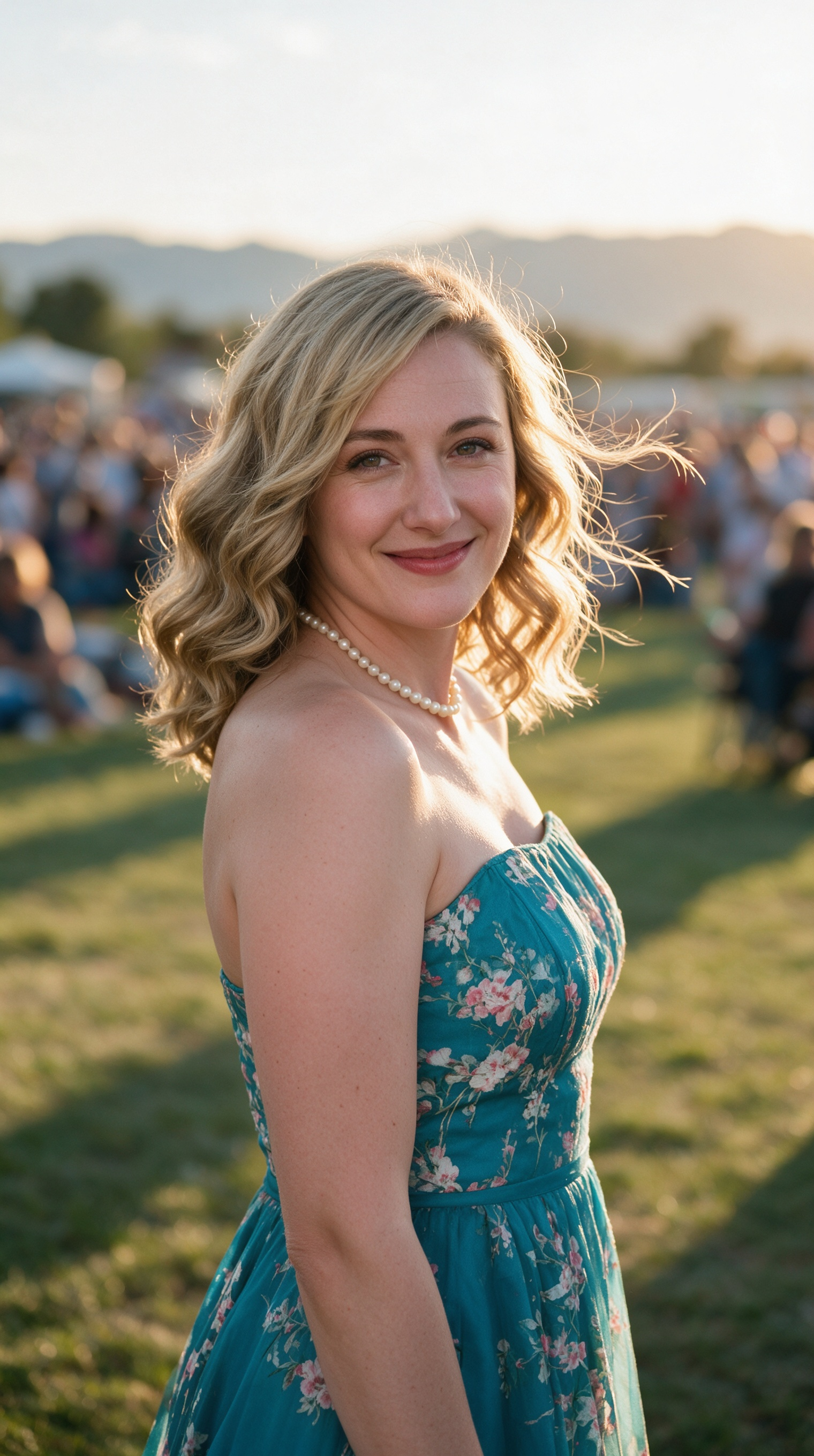 Woman in a cream floral lace A-line dress in a soft sunlit outdoor summer setting