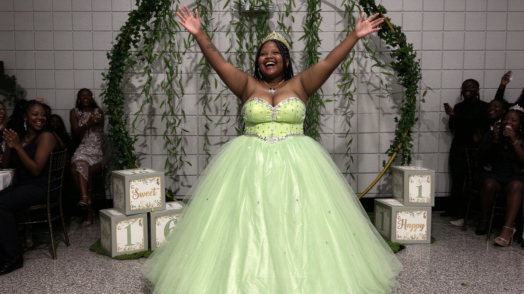 Light green sparkling princess tulle ball gown with a full skirt in motion