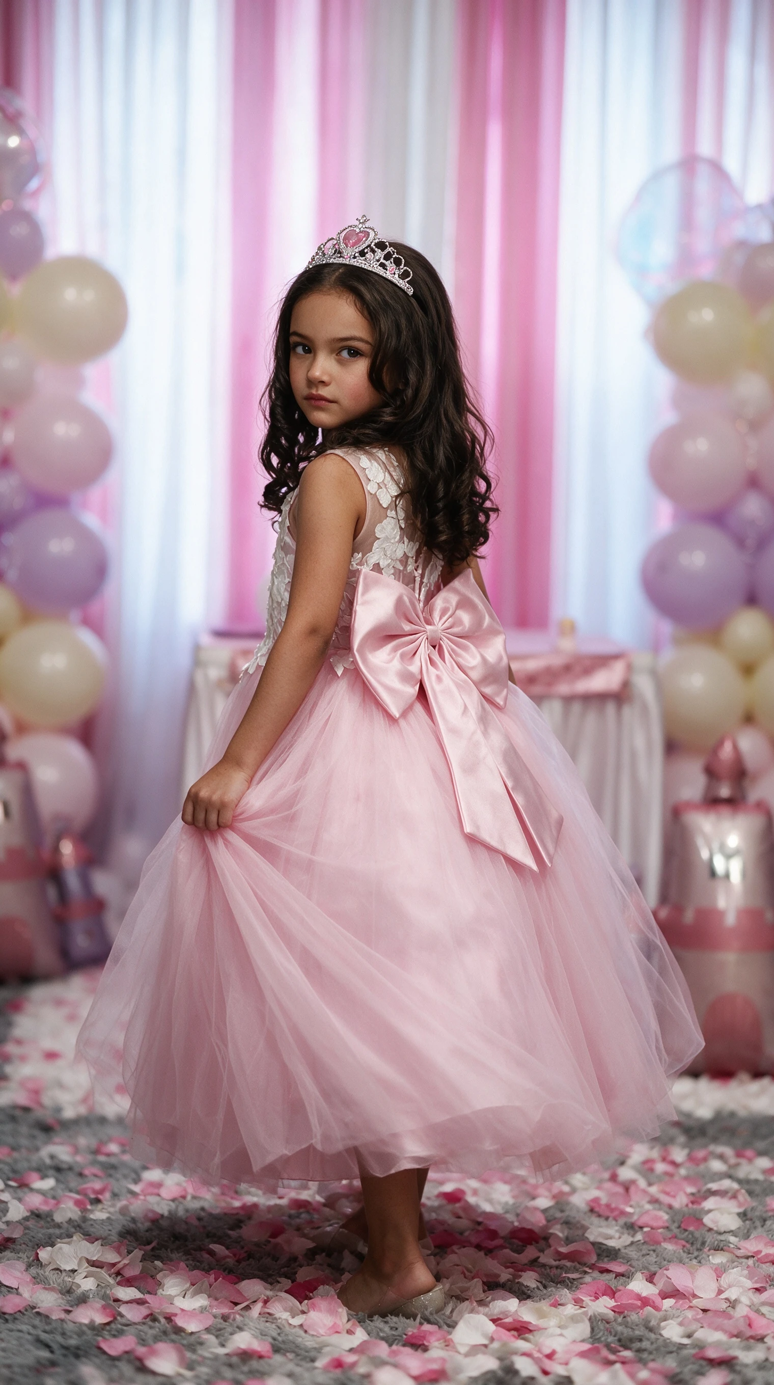Little girl spinning in a pink tulle flower girl ballgown at a party