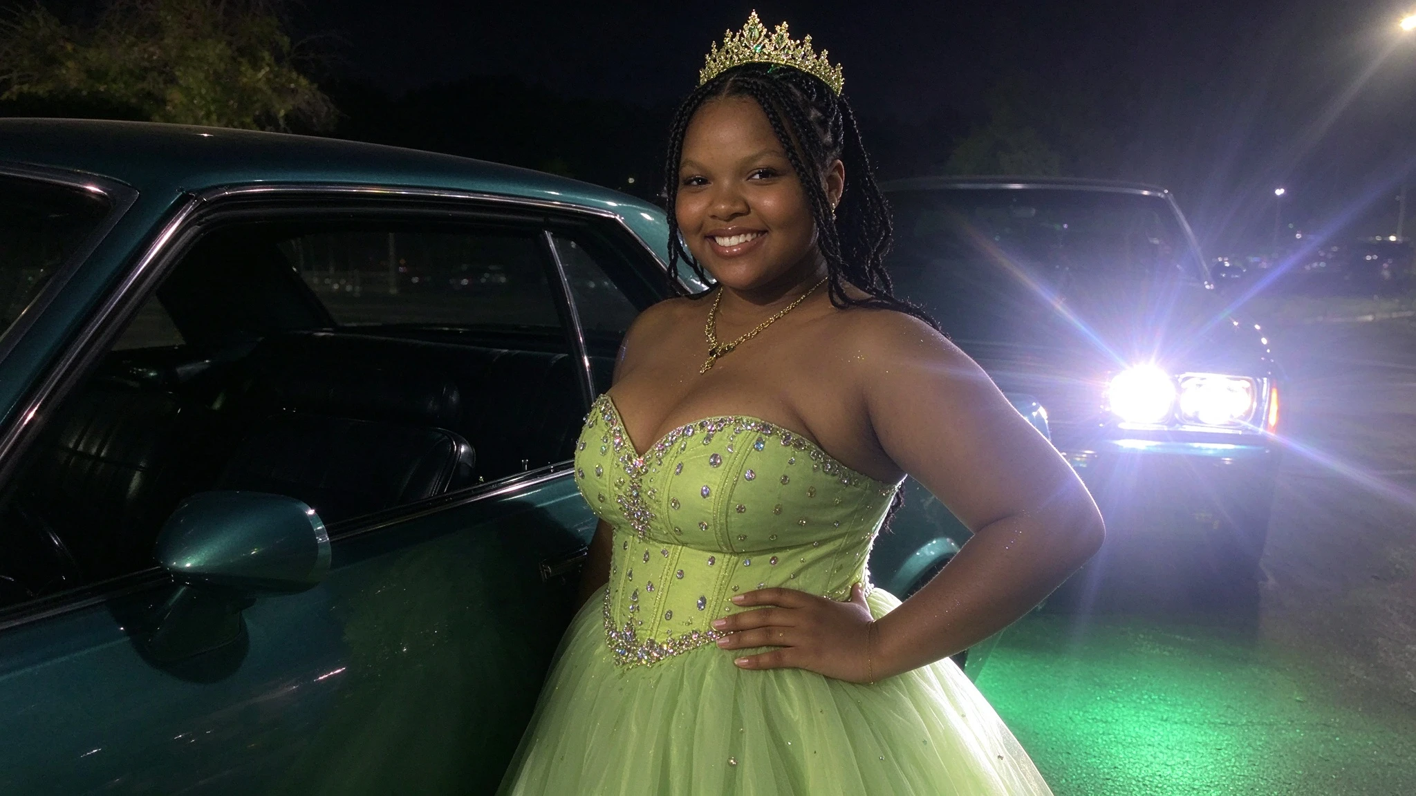 Strapless sweetheart corset bodice with sparkling beadwork on a lime green ball gown
