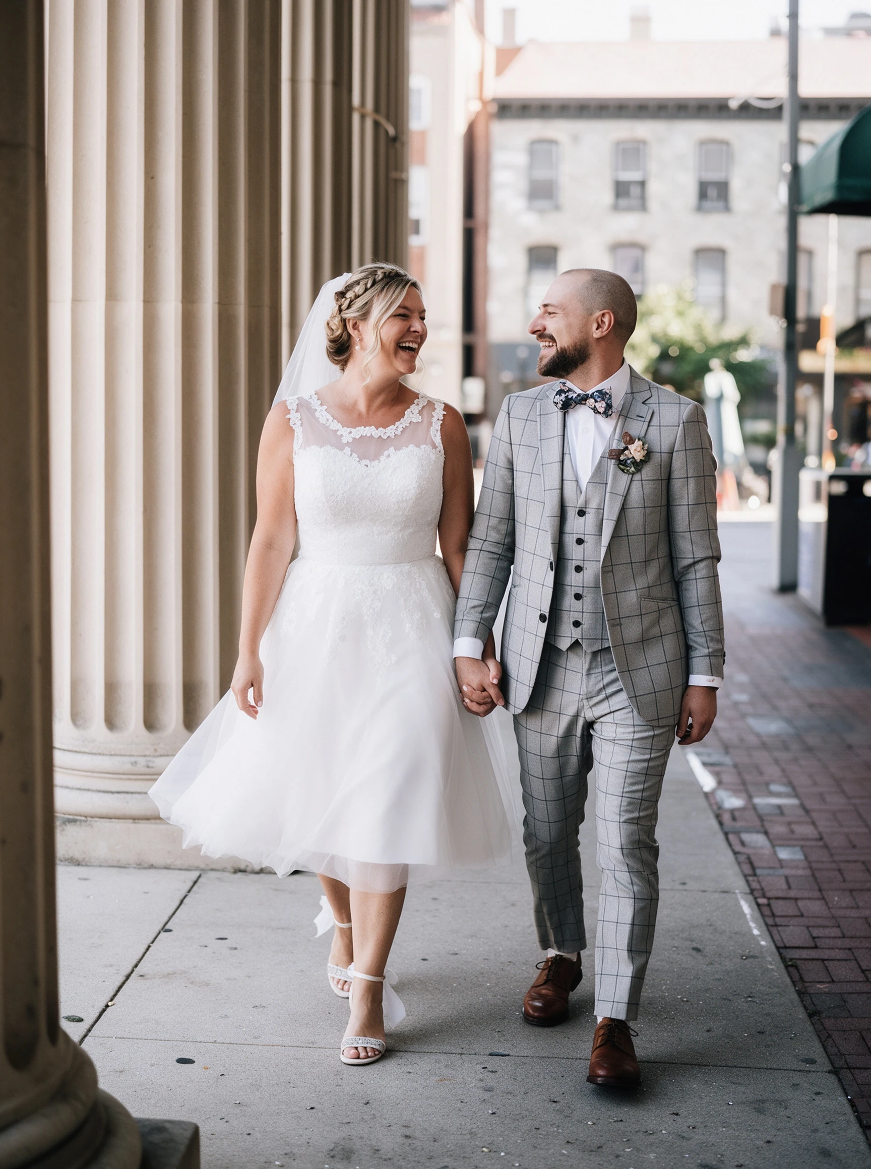 Strolling along brick streets in my short lace wedding dress
