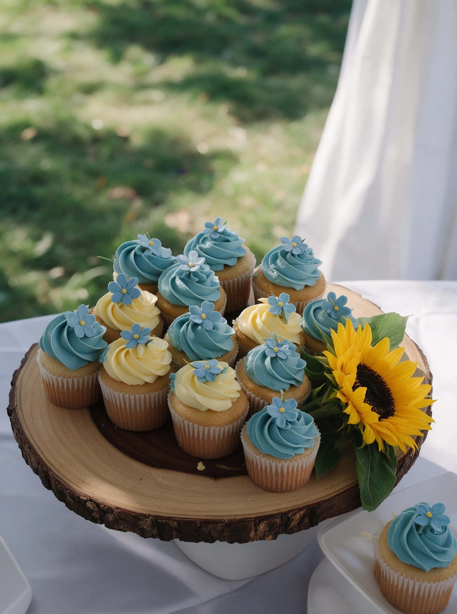 Sunflower cupcakes with blue frosting at Lauren's fall wedding reception