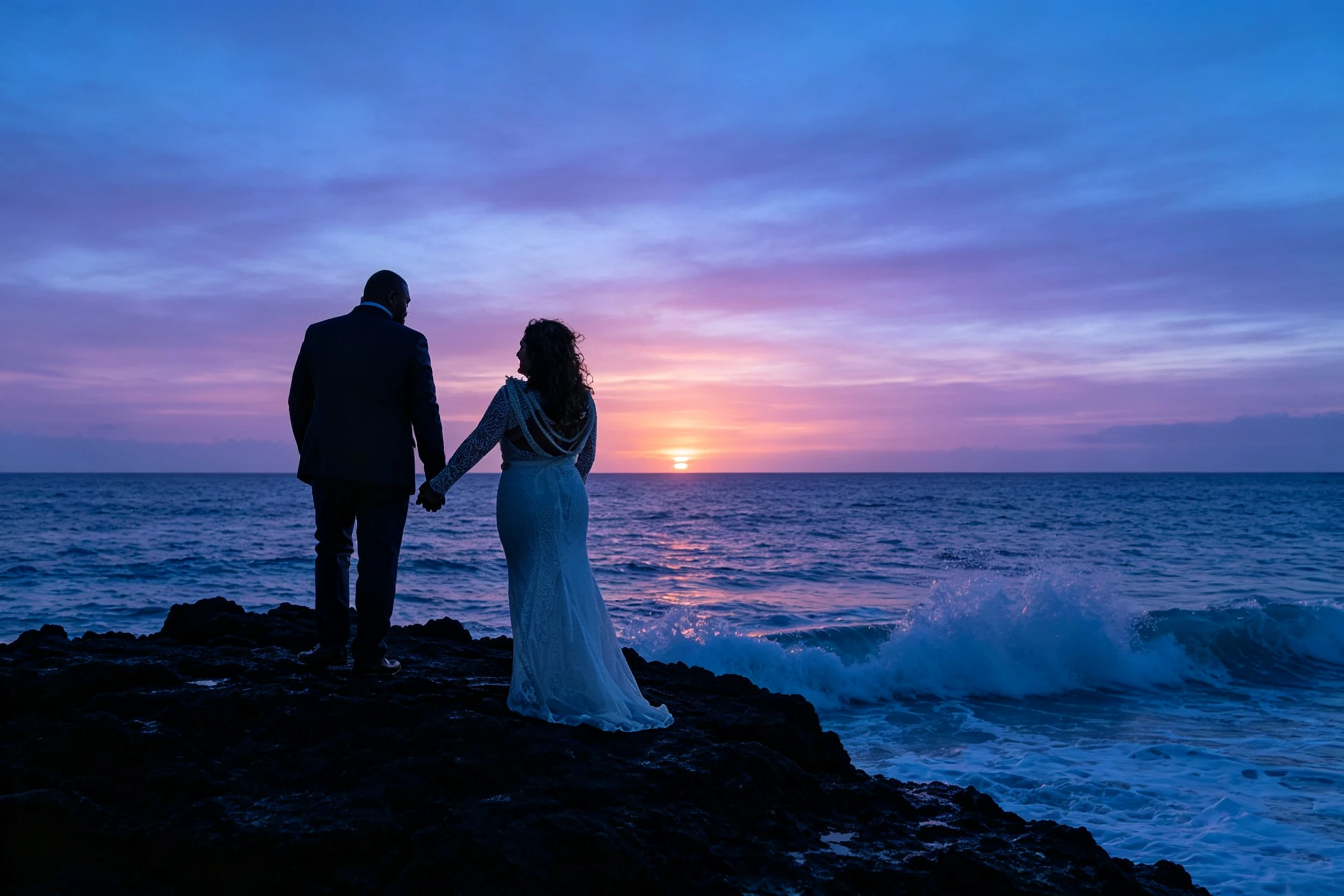 Newlywed couple silhouette at sunset on volcanic rocks in Hawaii