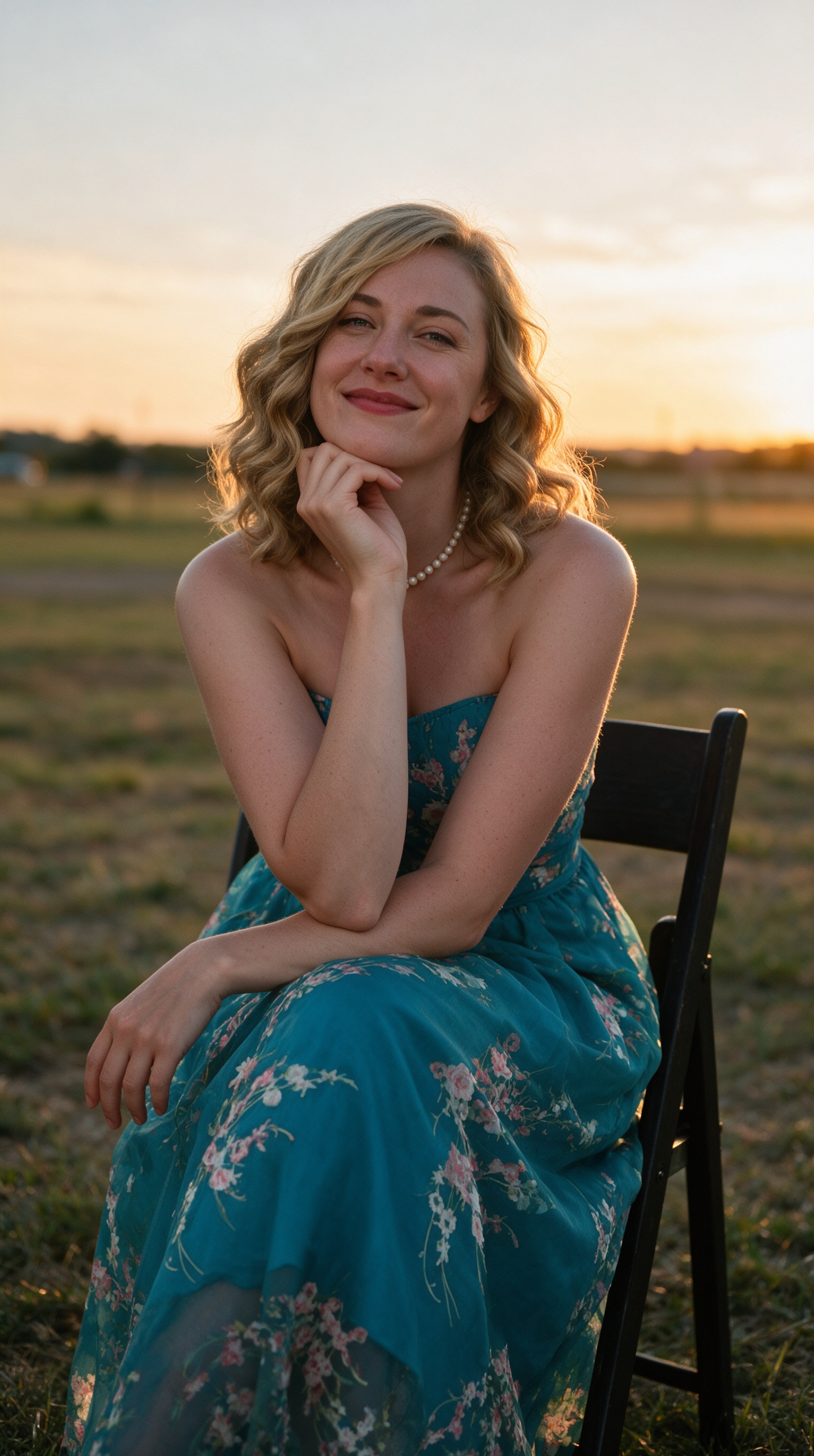 Woman wearing a cream floral lace A-line dress seated outdoors during sunset