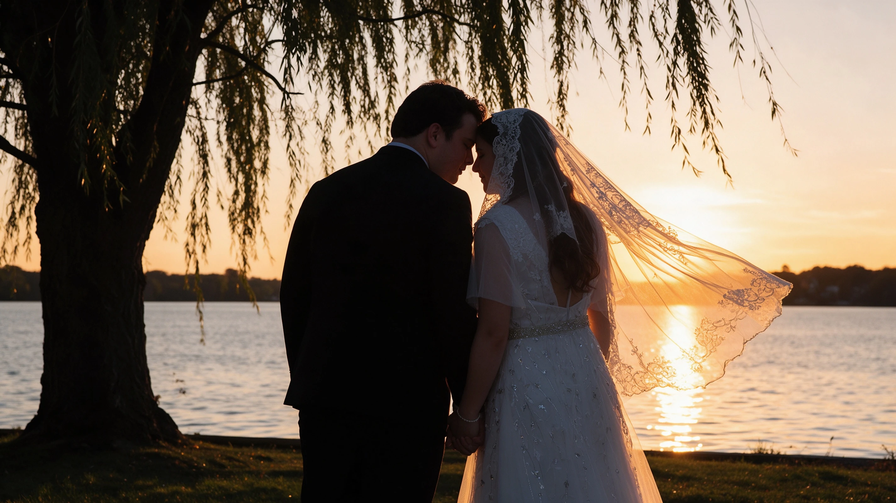 Lauren in her ivory wedding gown with silver leaf embroidery at sunset