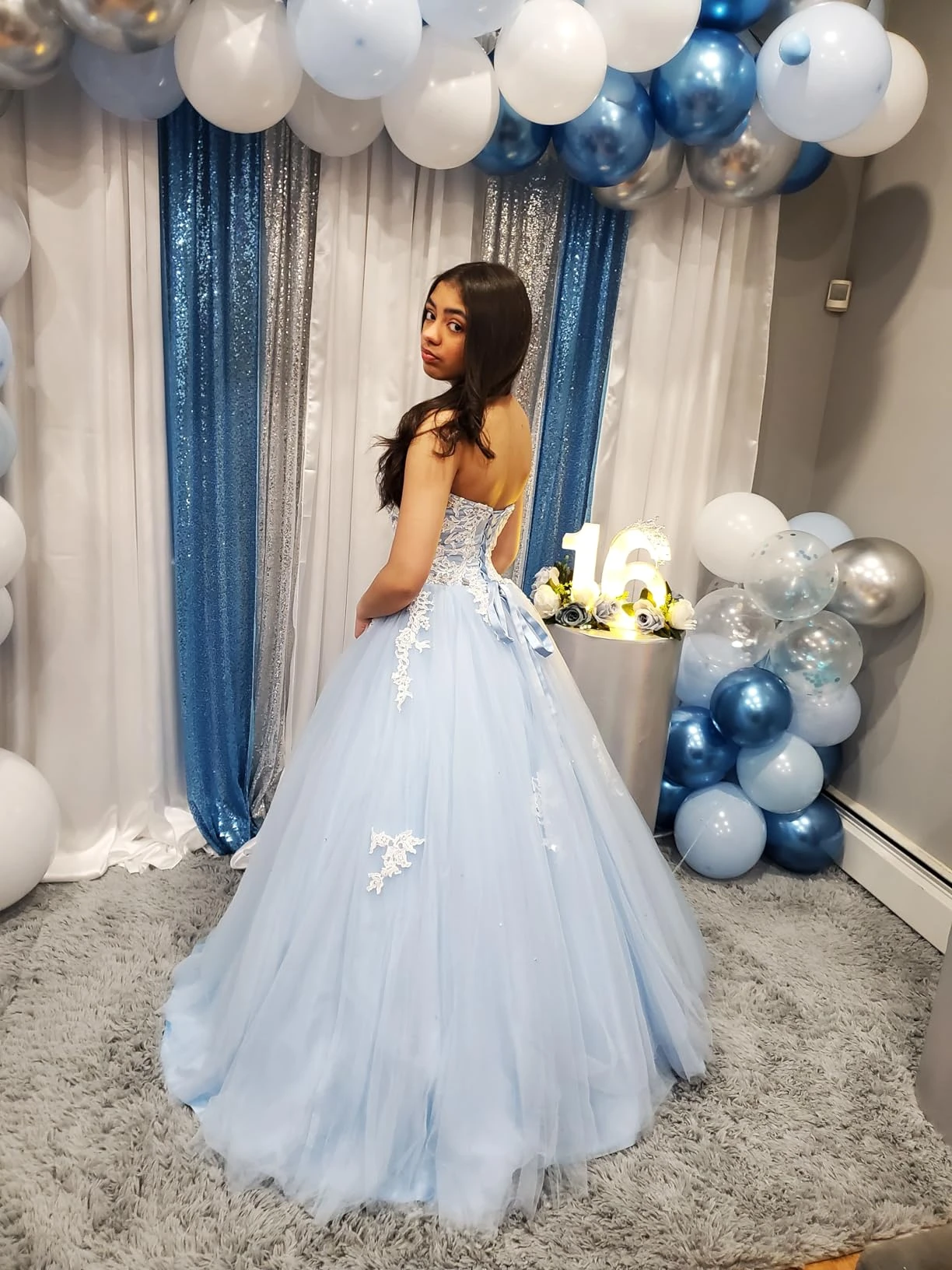 Sky blue Sweet 16 gown corset back with satin bow