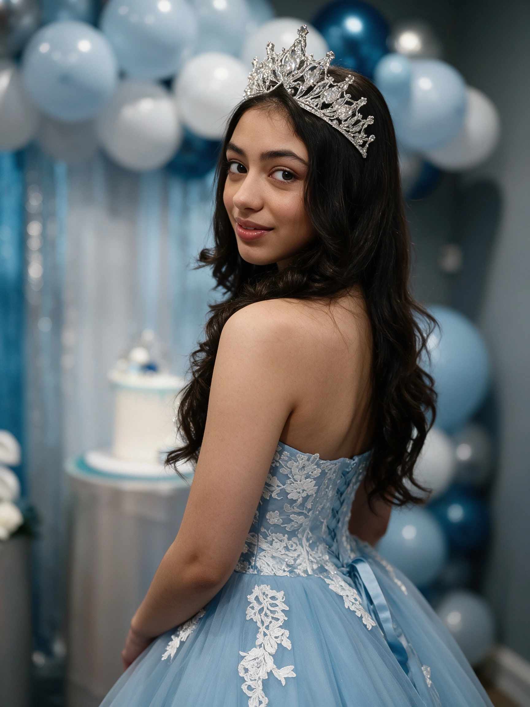 Sweet 16 girl wearing sky blue ball gown looking over her shoulder