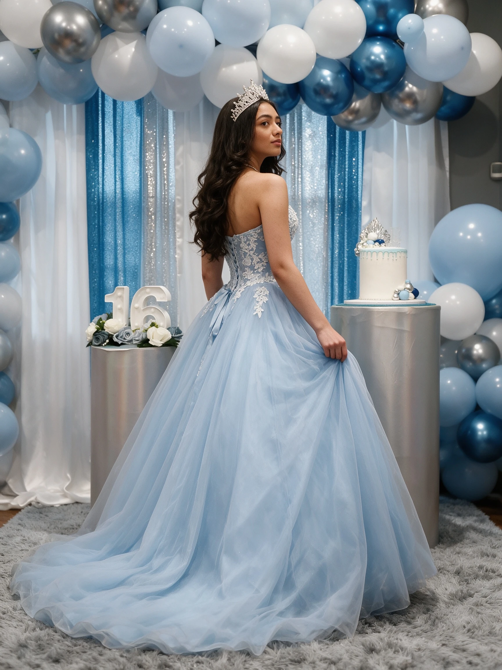 Sky blue Sweet 16 ball gown back view with full tulle skirt