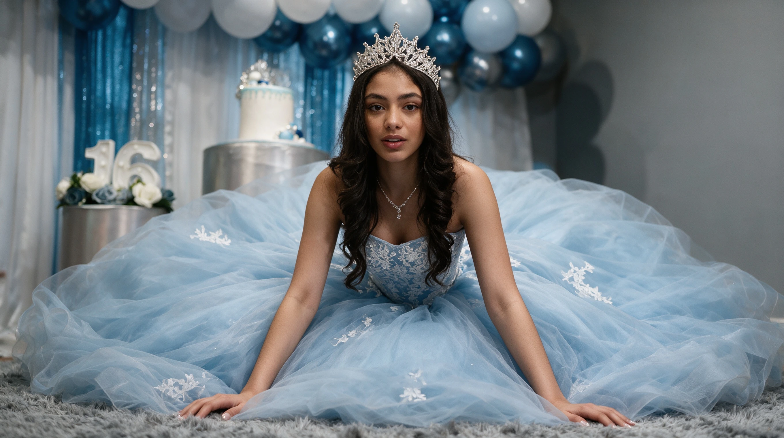 Sky blue Sweet 16 ball gown with full tulle skirt