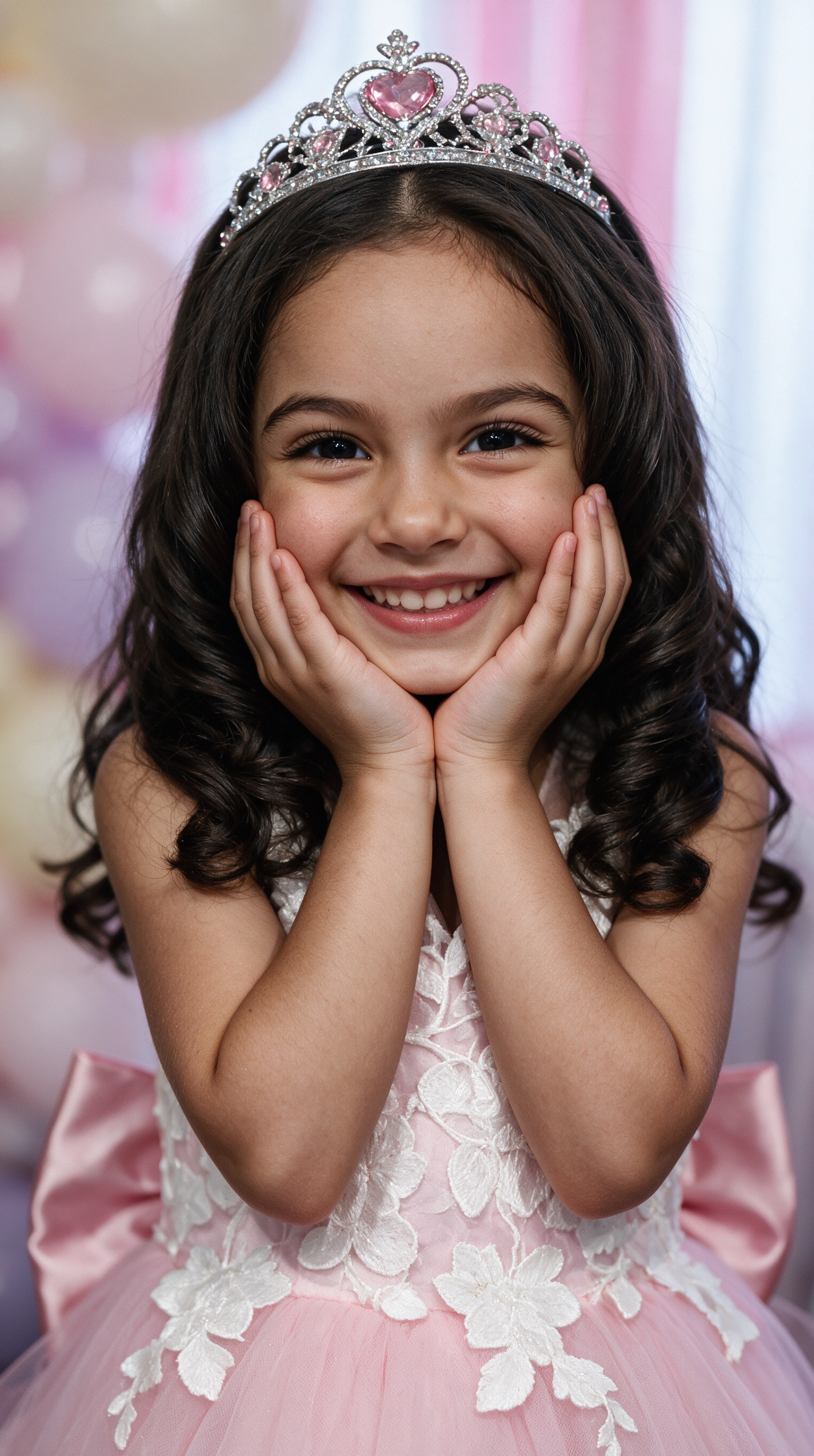 Portrait of a girl in a pink lace flower girl gown