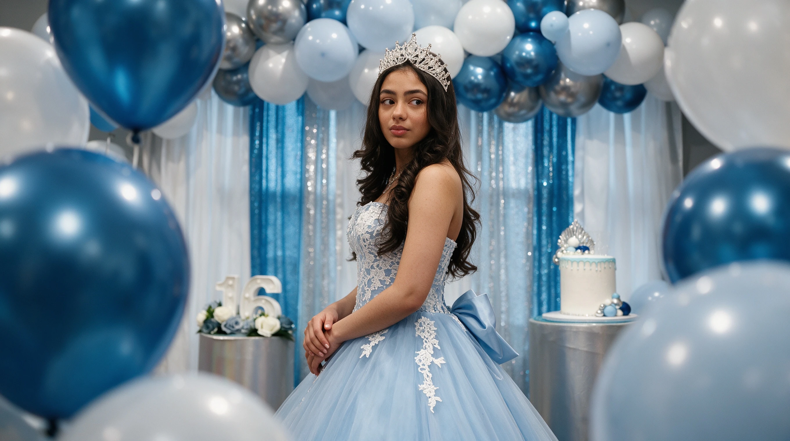 Sweet 16 birthday party portrait in sky blue ball gown