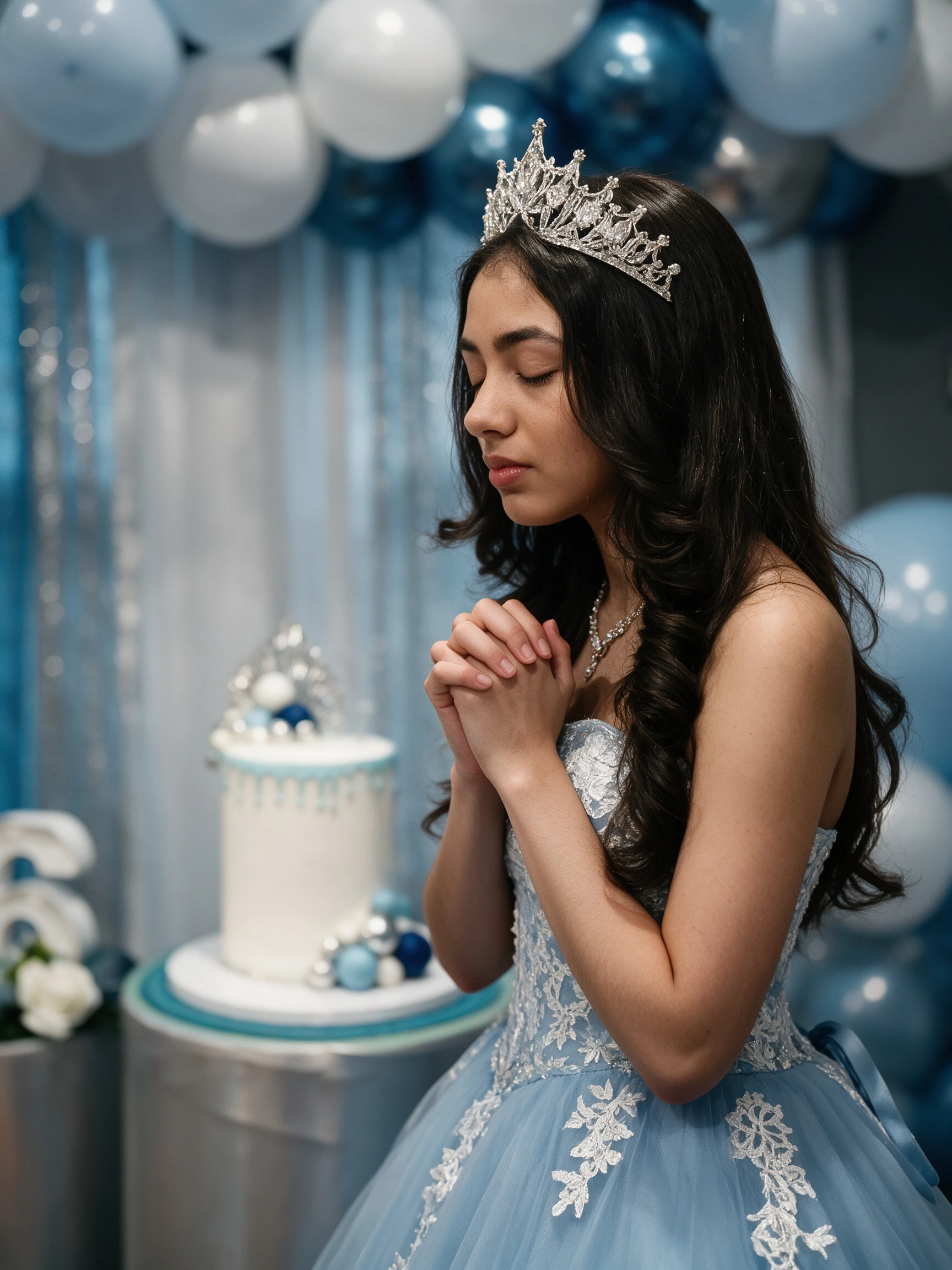 Sweet 16 girl making a birthday wish in sky blue ball gown