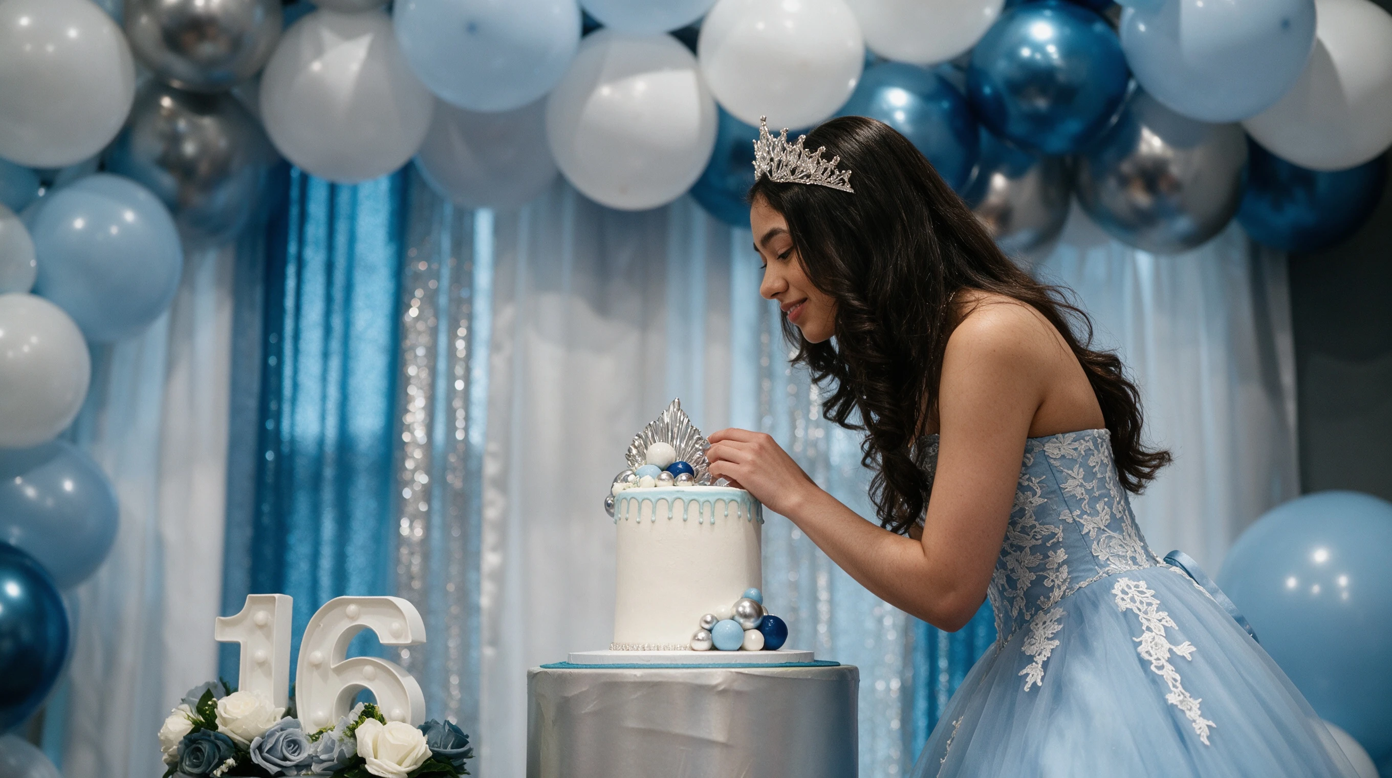 Sky blue Sweet 16 birthday cake with silver crown topper