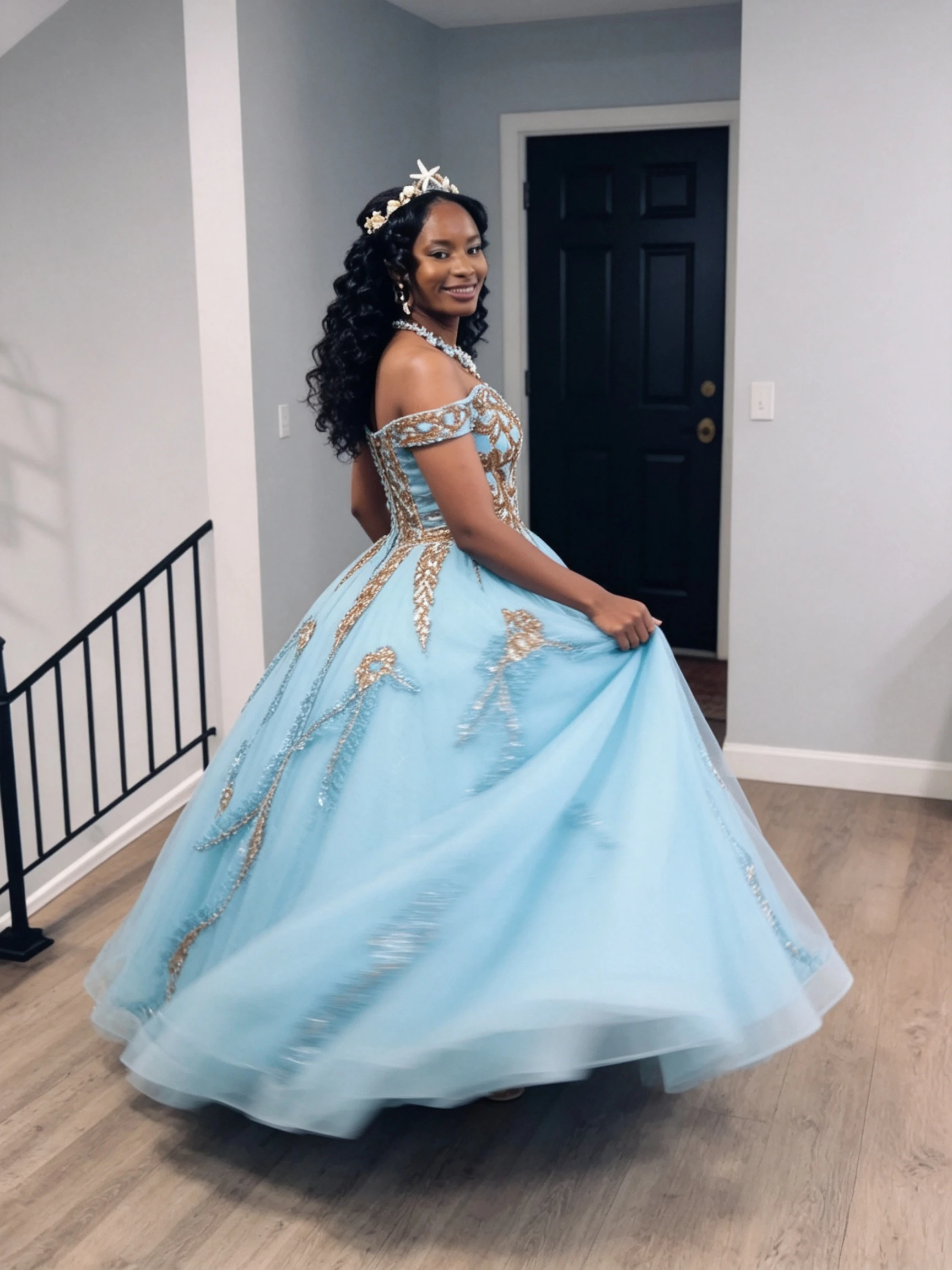 Turquoise tulle prom gown shown in motion during an indoor twirl