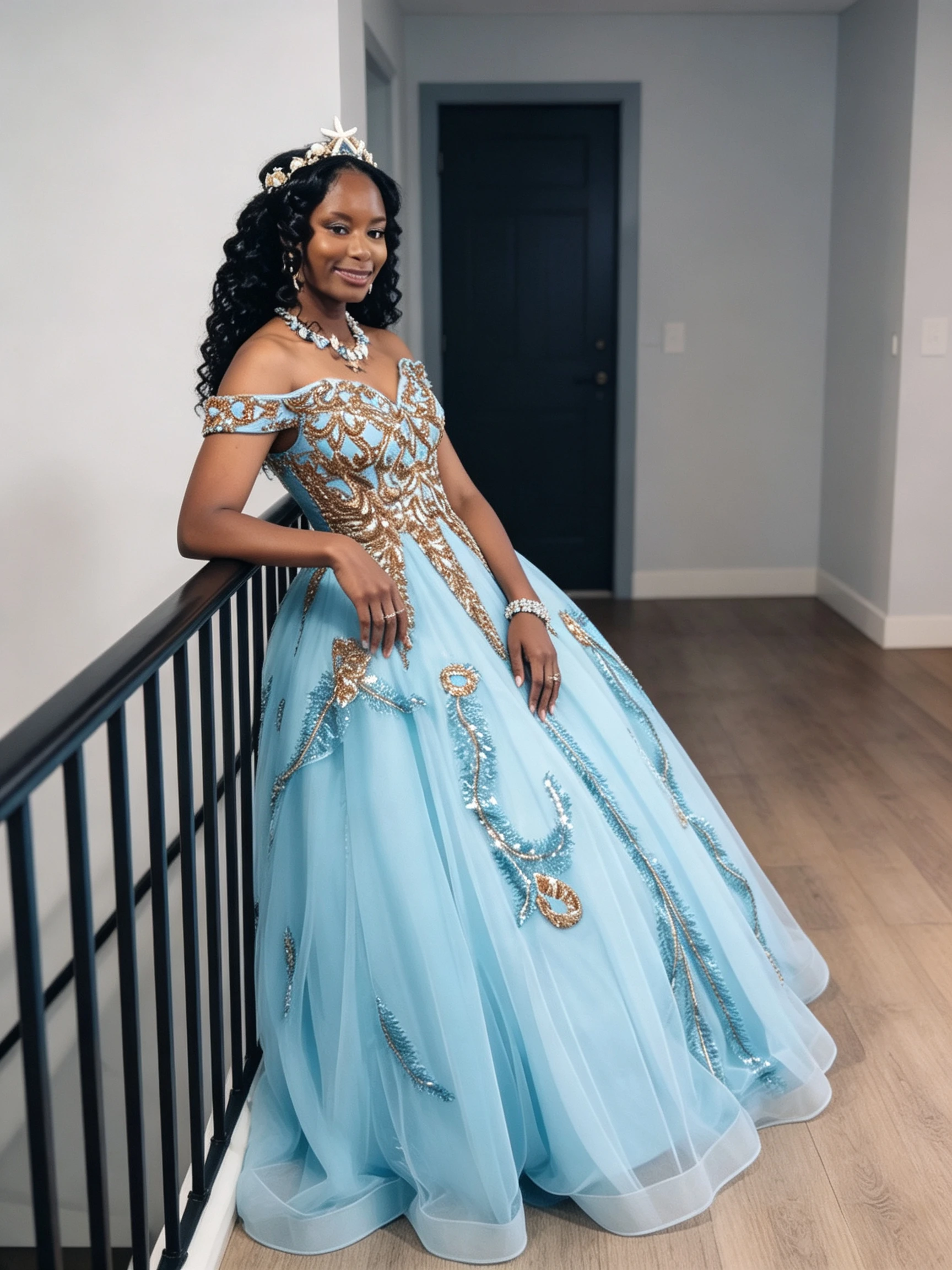 Elegant portrait of a turquoise Under the Sea prom gown indoors