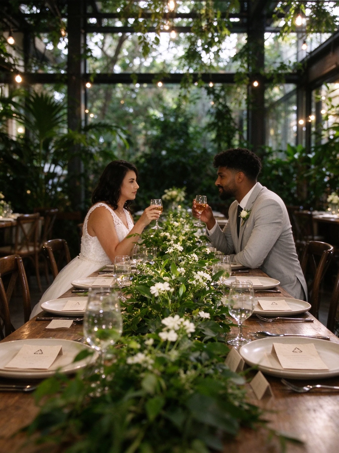 Bride and groom sharing a toast inside the glass greenhouse dining space