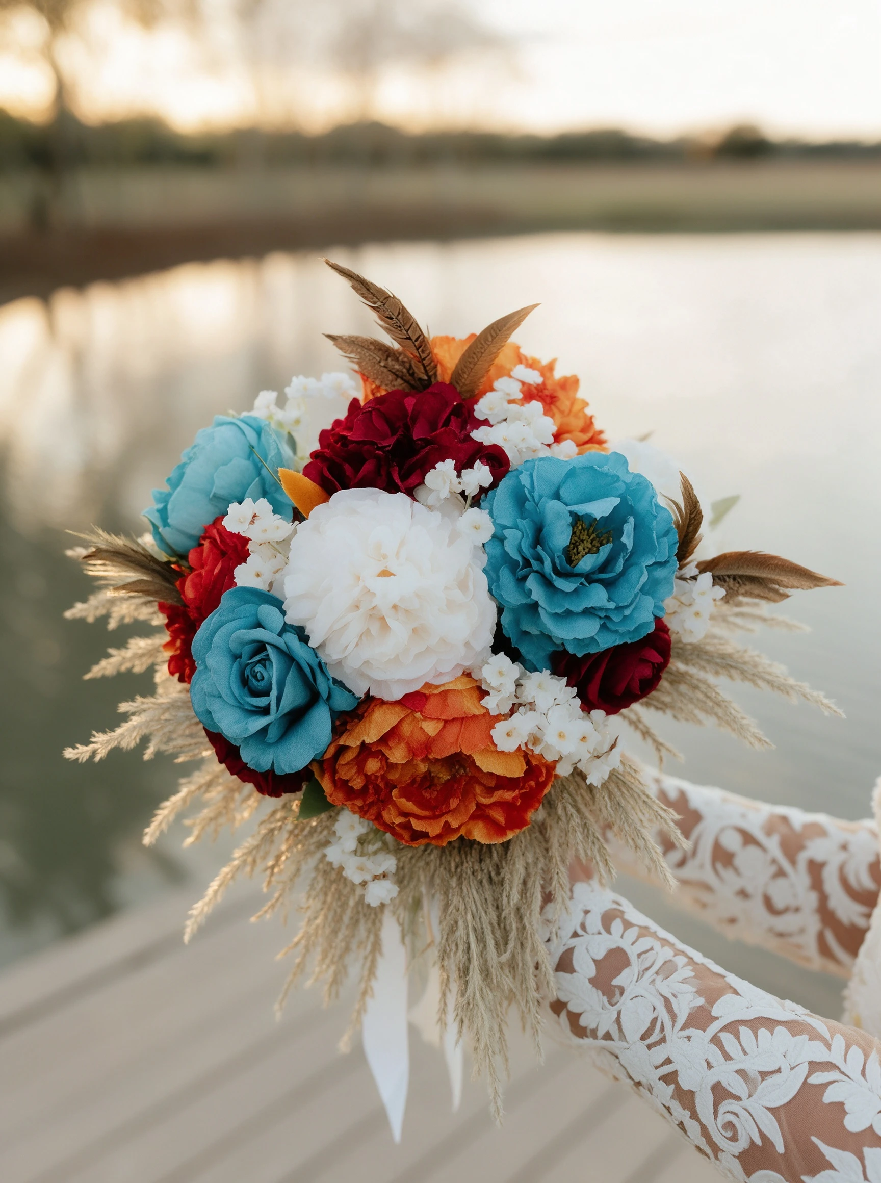 Rust and turquoise bridal bouquet wedding day details