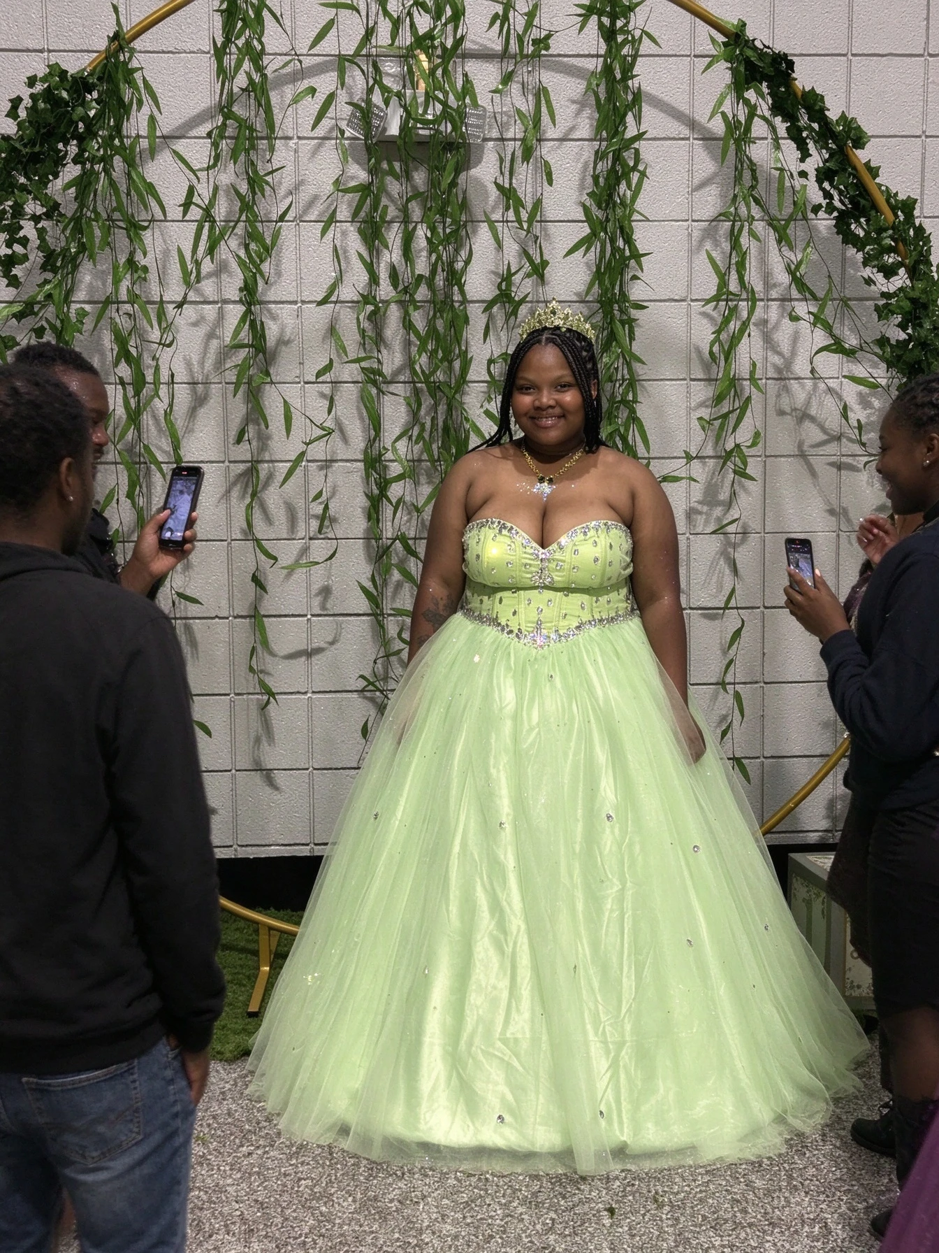 Voluminous lime green tulle ball gown styled for a Sweet Sixteen celebration