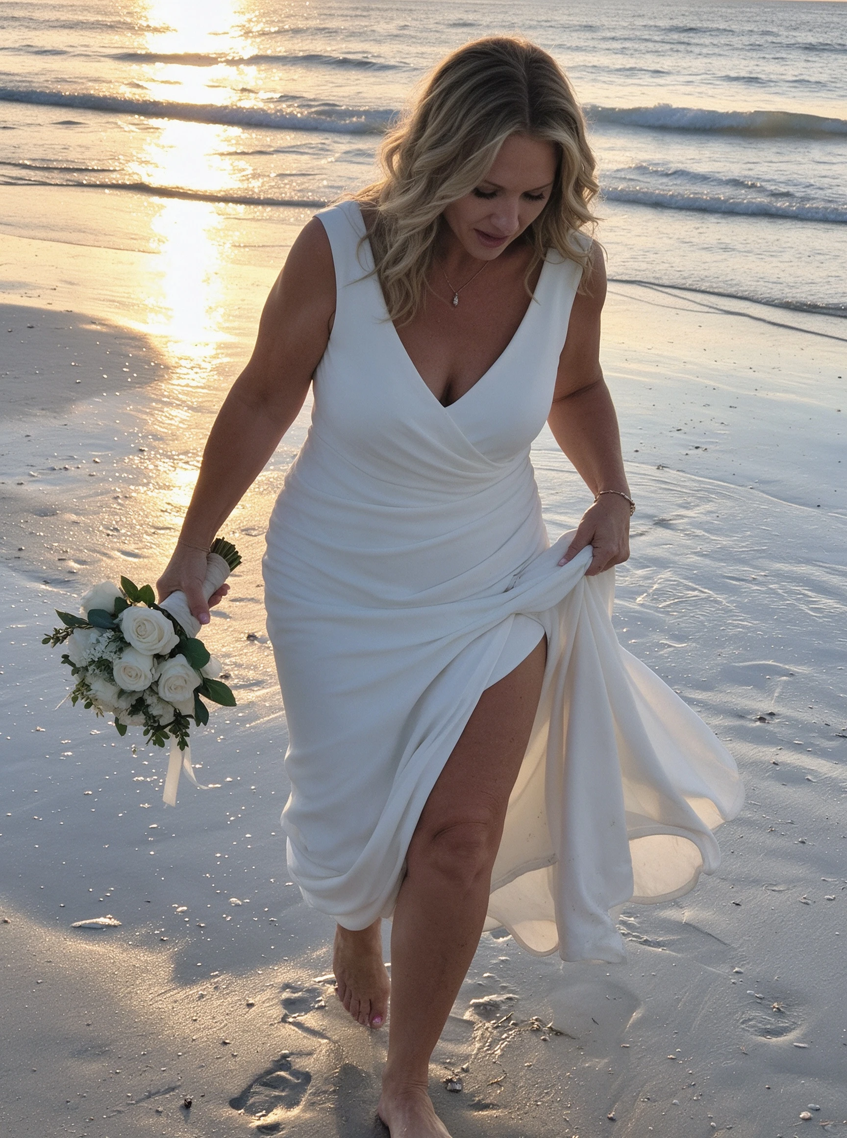 Bride walking barefoot through shallow water in a white high slit ruched mermaid wedding dress