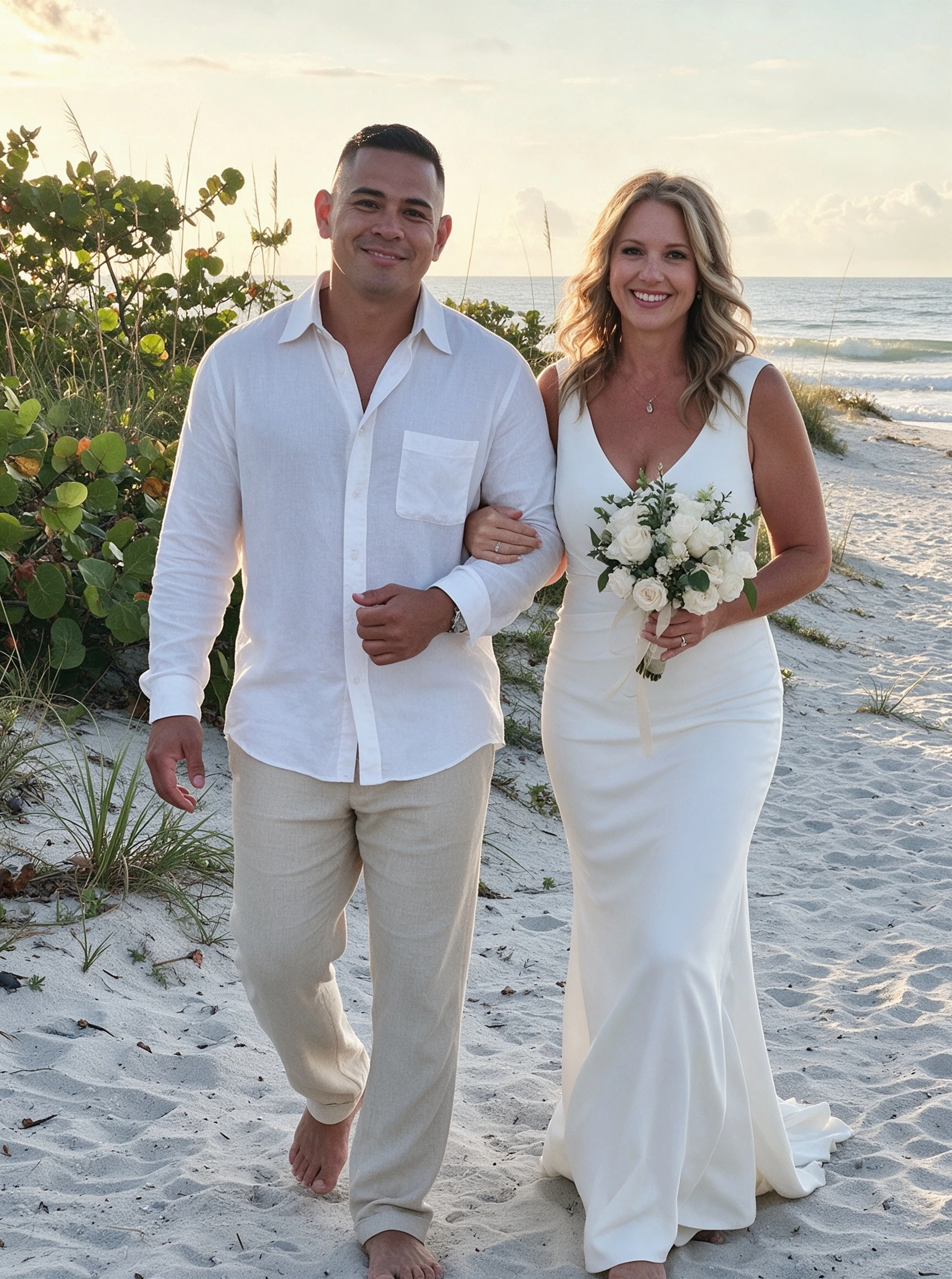 Bride walking arm in arm through beach dunes in a white ruched mermaid wedding dress