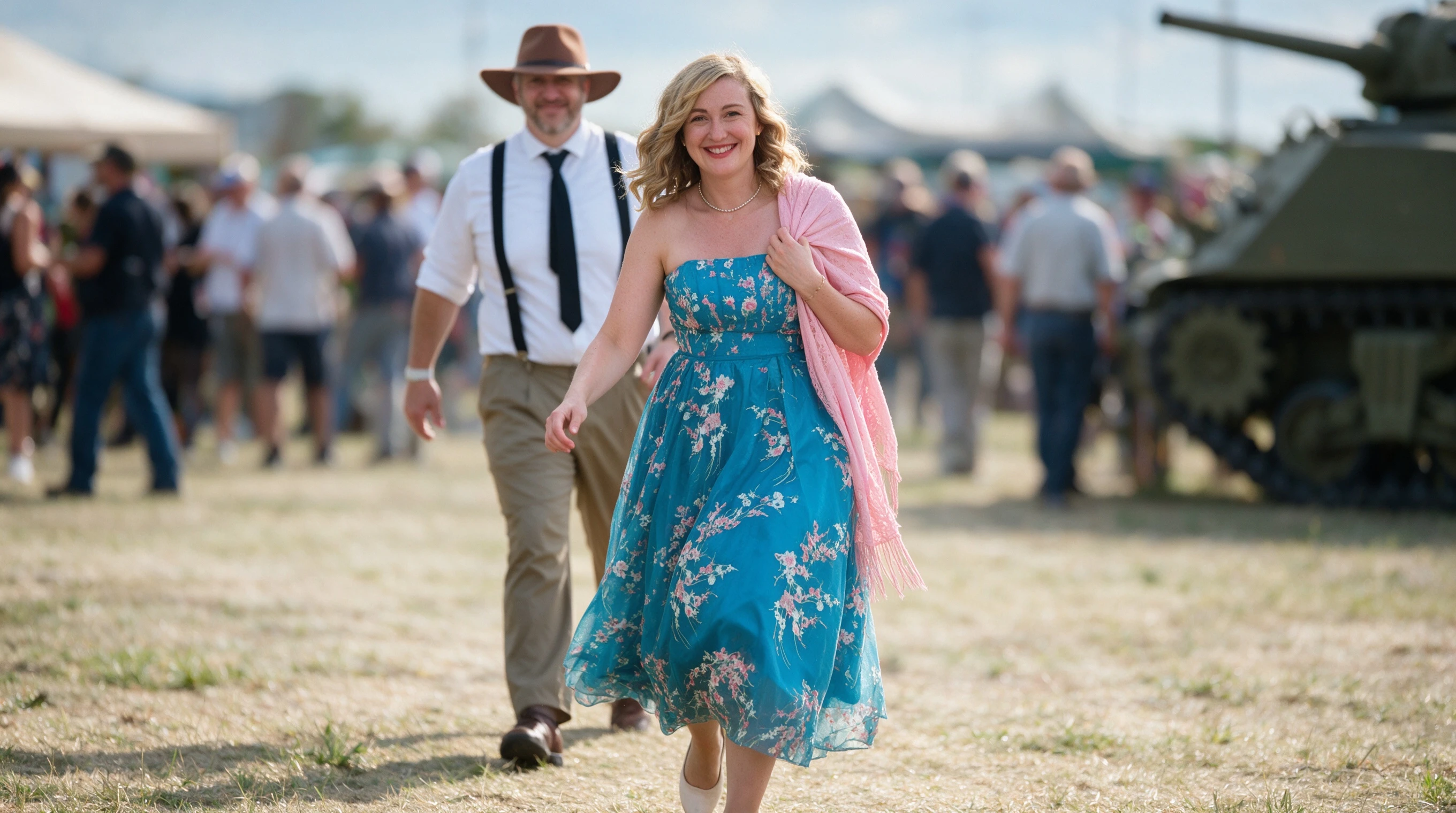 Woman in a cream floral lace A-line dress walking through a crowded outdoor fair