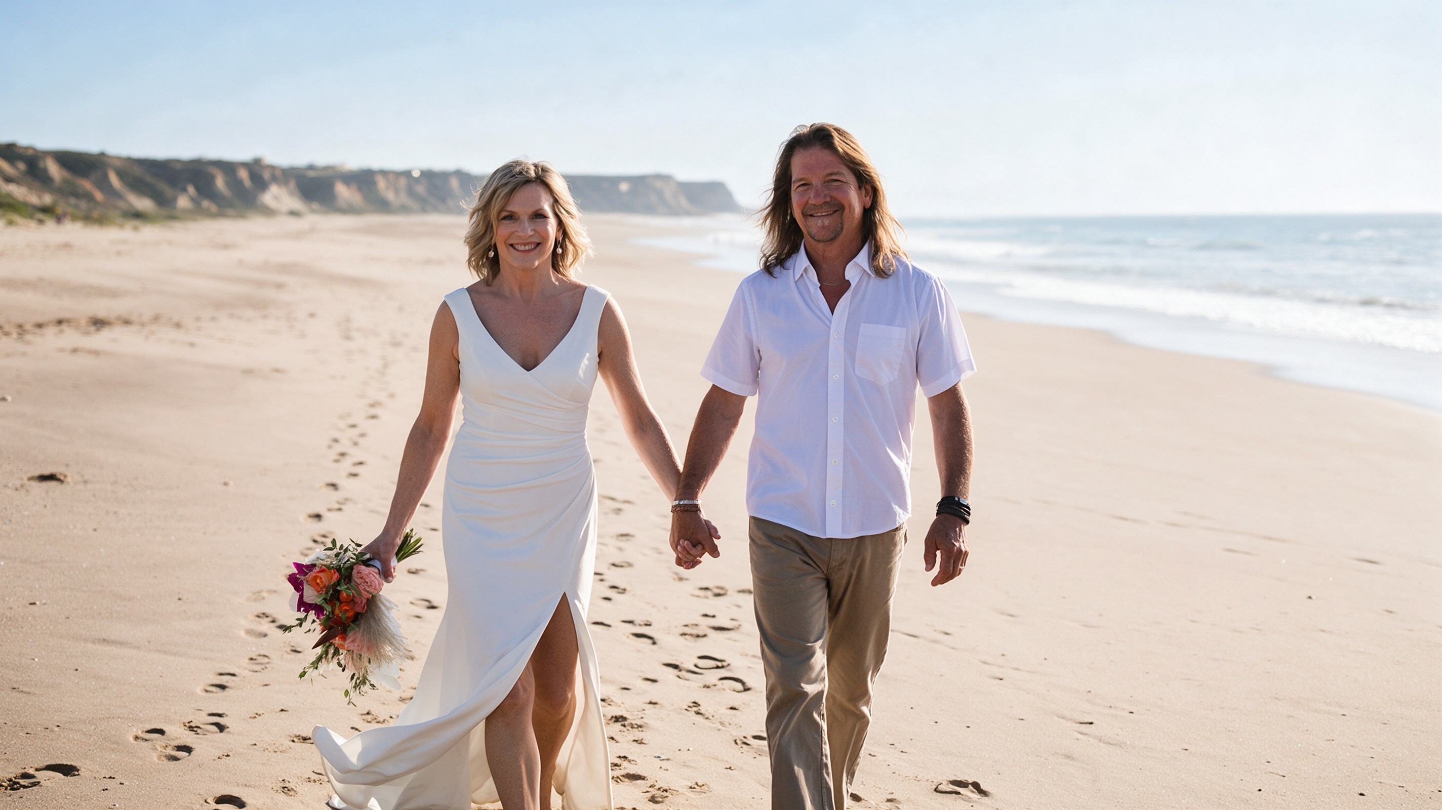 Bride walking barefoot on Portugal beach with husband in white crepe bridal gown