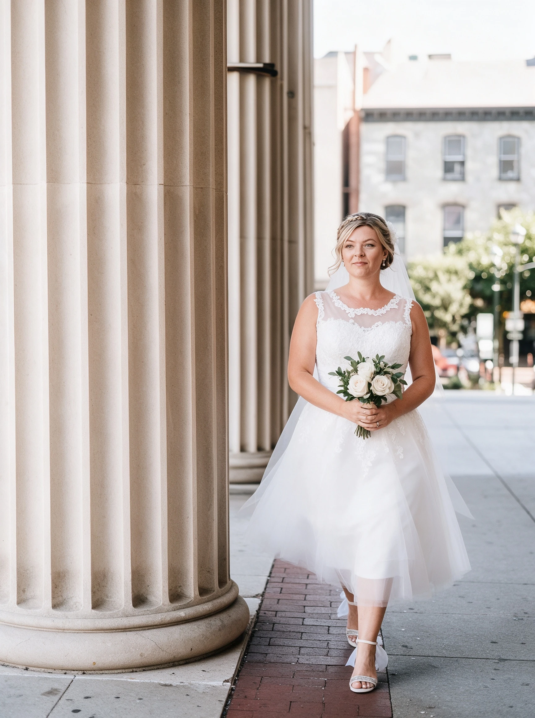Walking through columns in my short lace wedding dress at Union Station