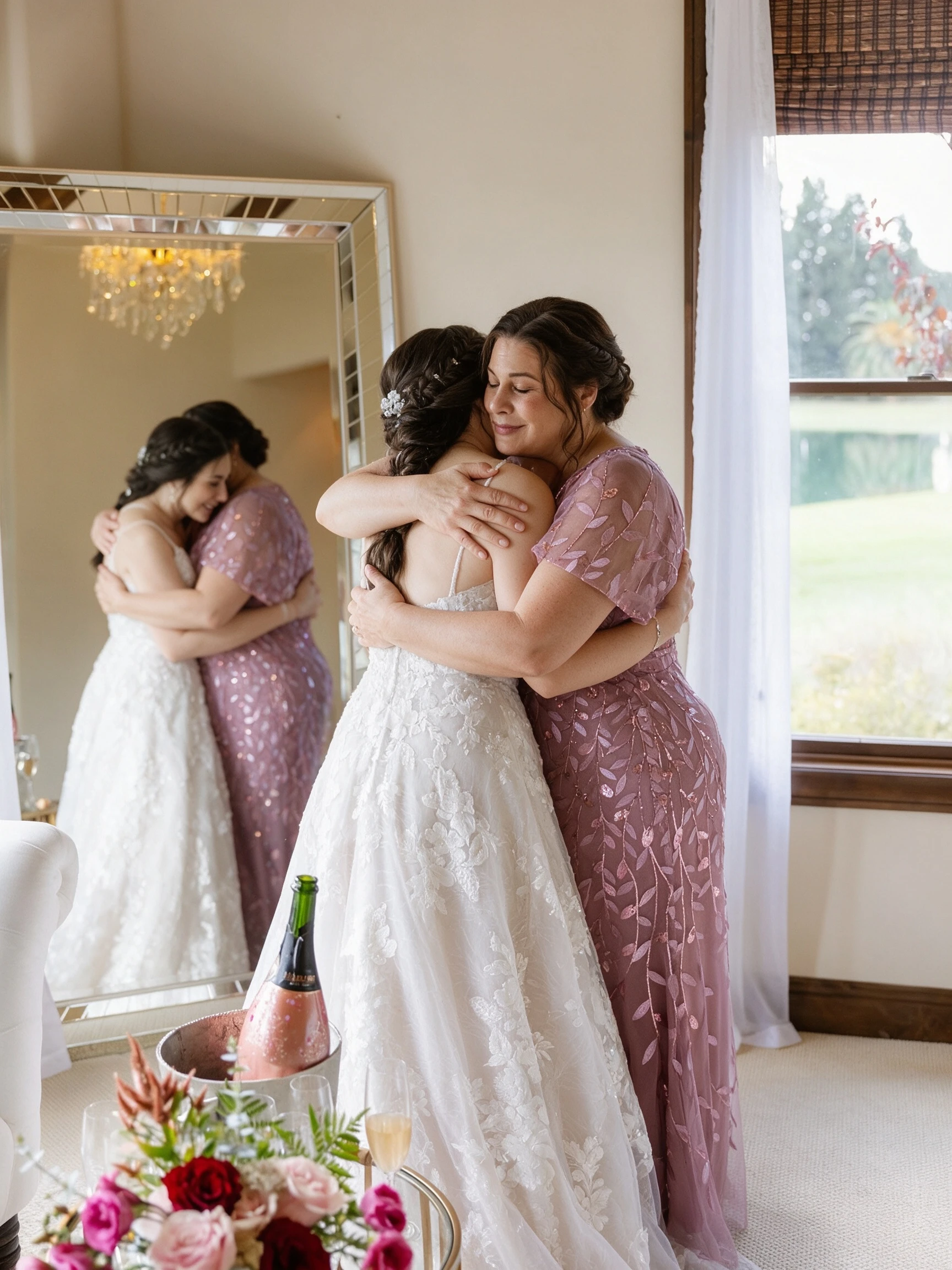 Mother embracing her daughter on the wedding day