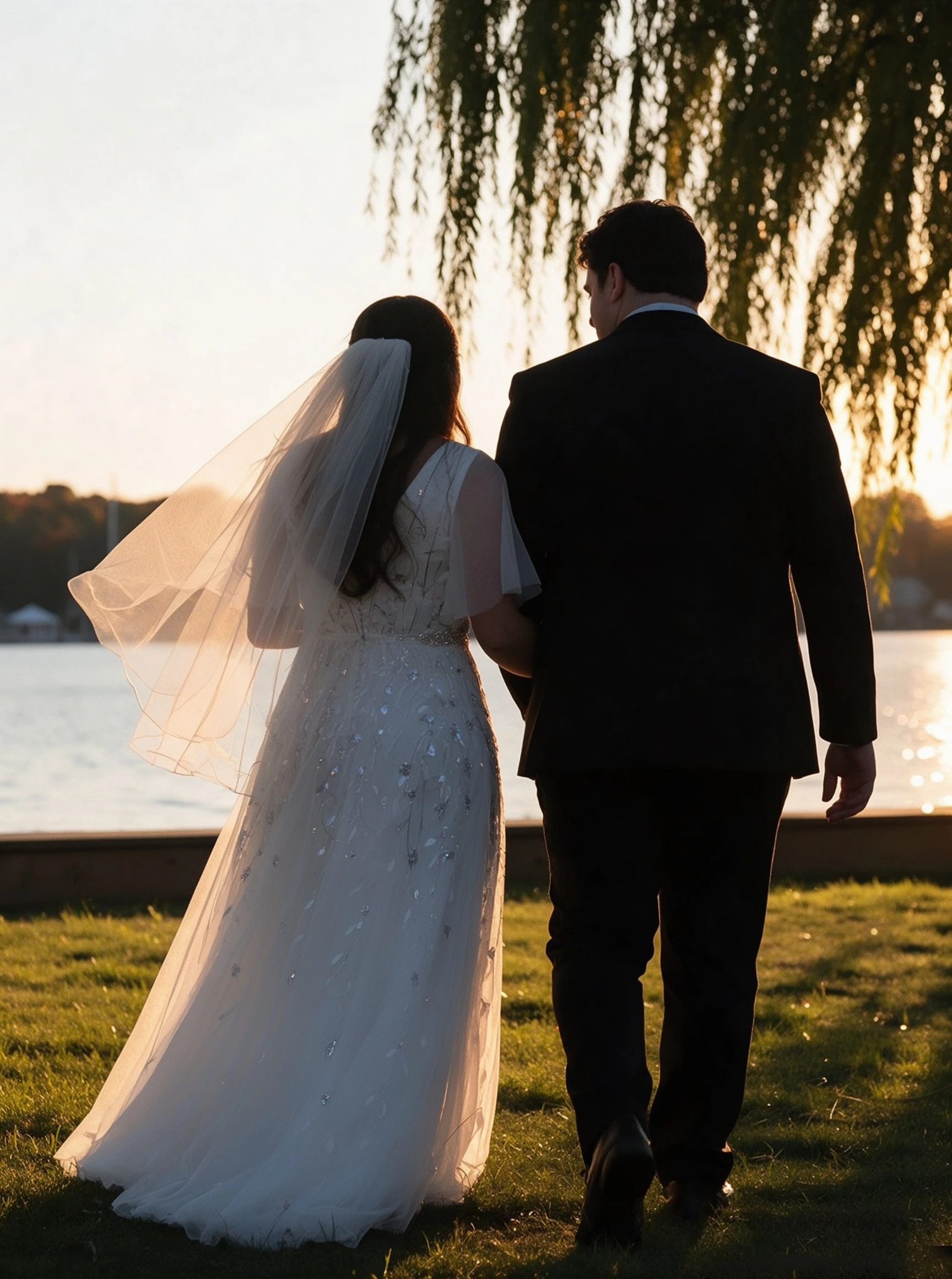 Lauren walking with her husband at sunset in her silver leaf wedding gown
