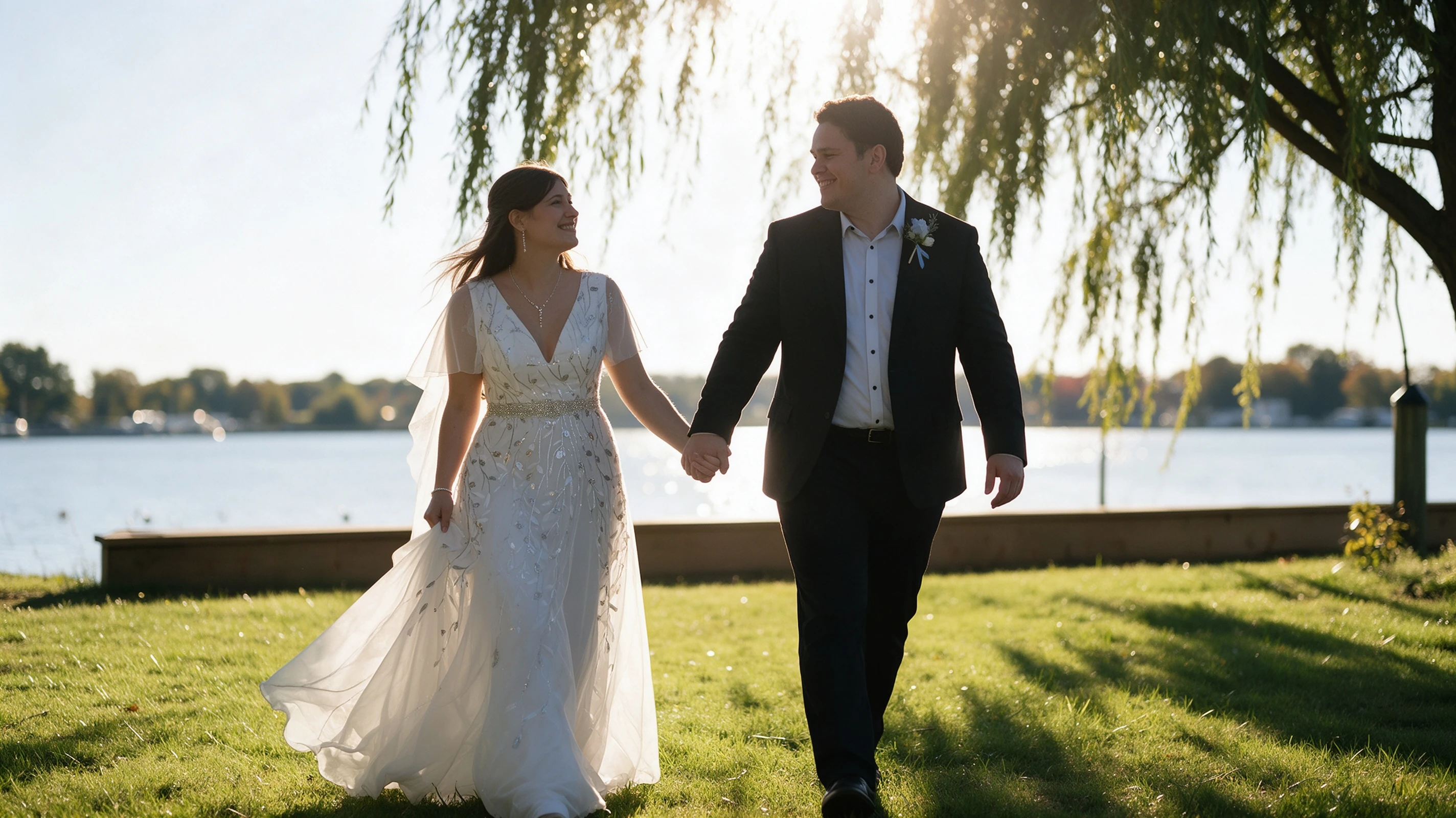 Lauren walking beside the water in her sparkly silver leaf wedding gown