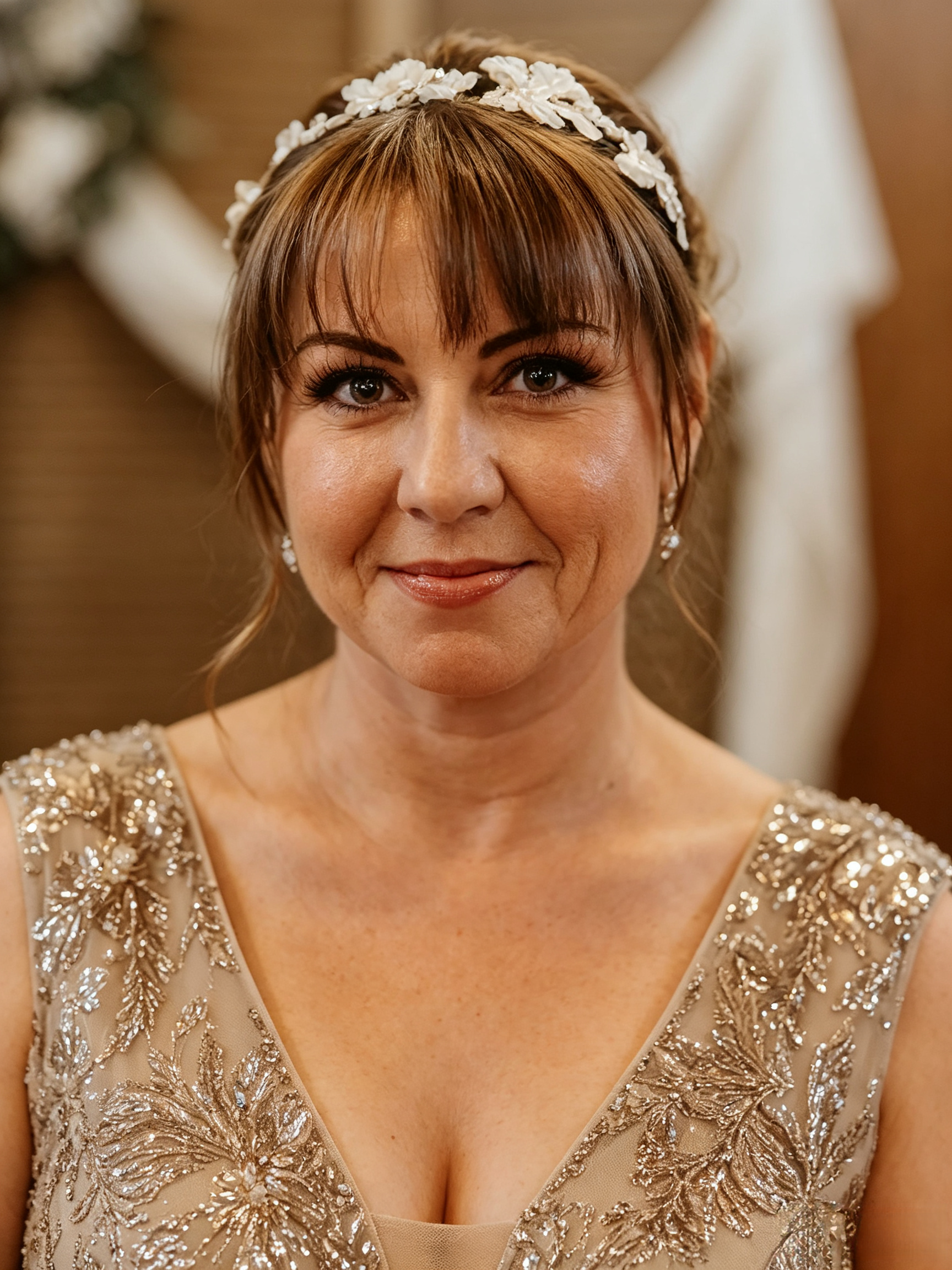 Bride wearing a delicate floral headband during her vow renewal