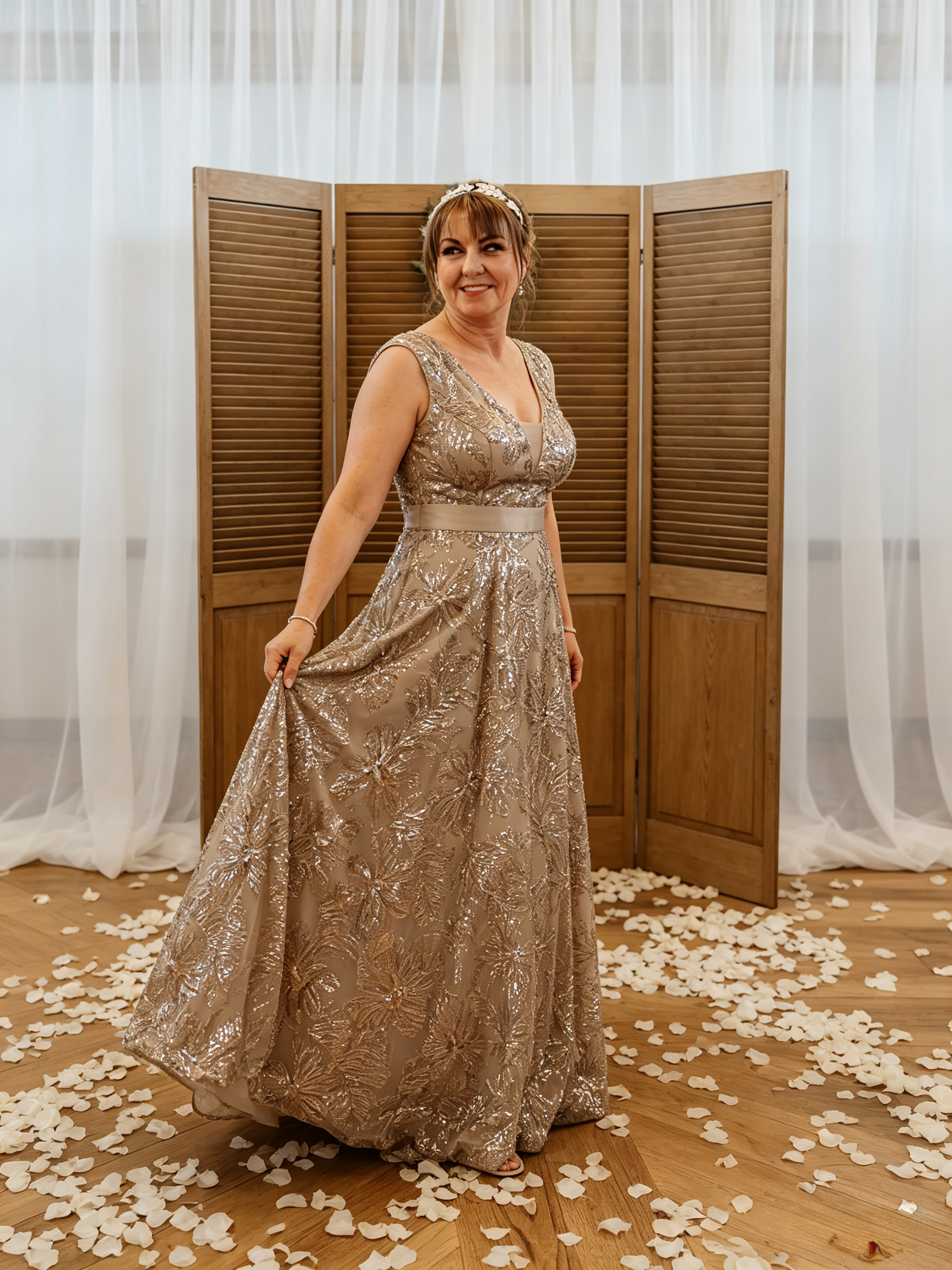 Bride lifting the shimmering gown on a petal covered floor
