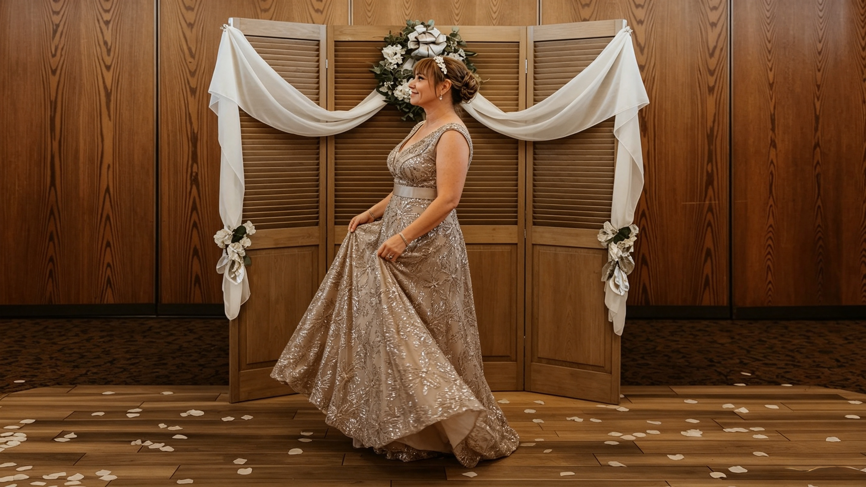 Bride lifting the shimmering full A line gown