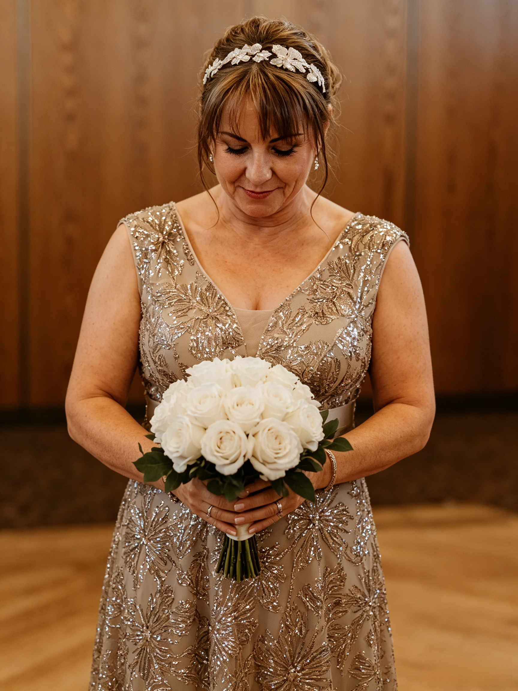 Bride holding a white flower bouquet during her vow renewal