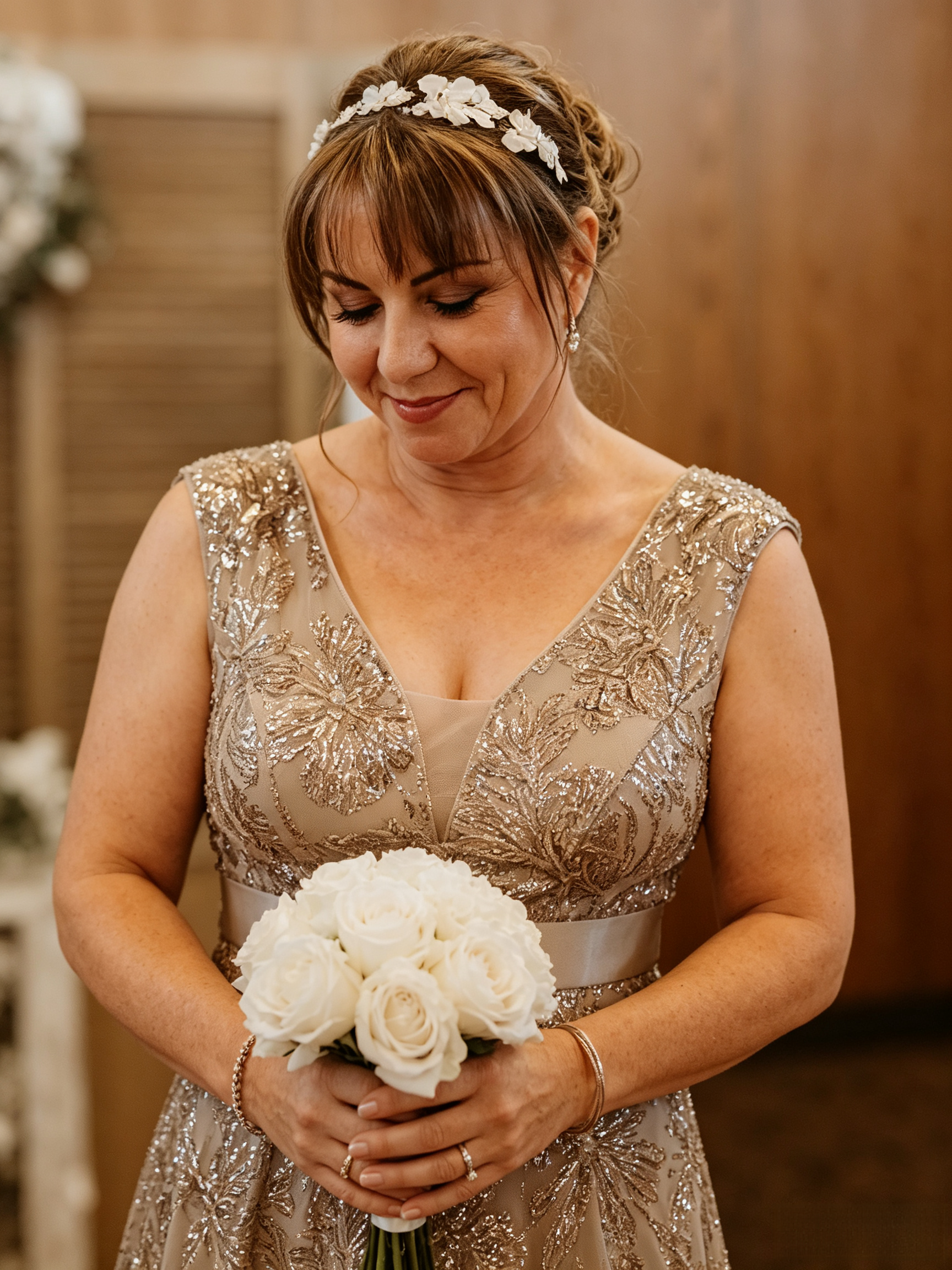 Bride holding a white bouquet and looking down