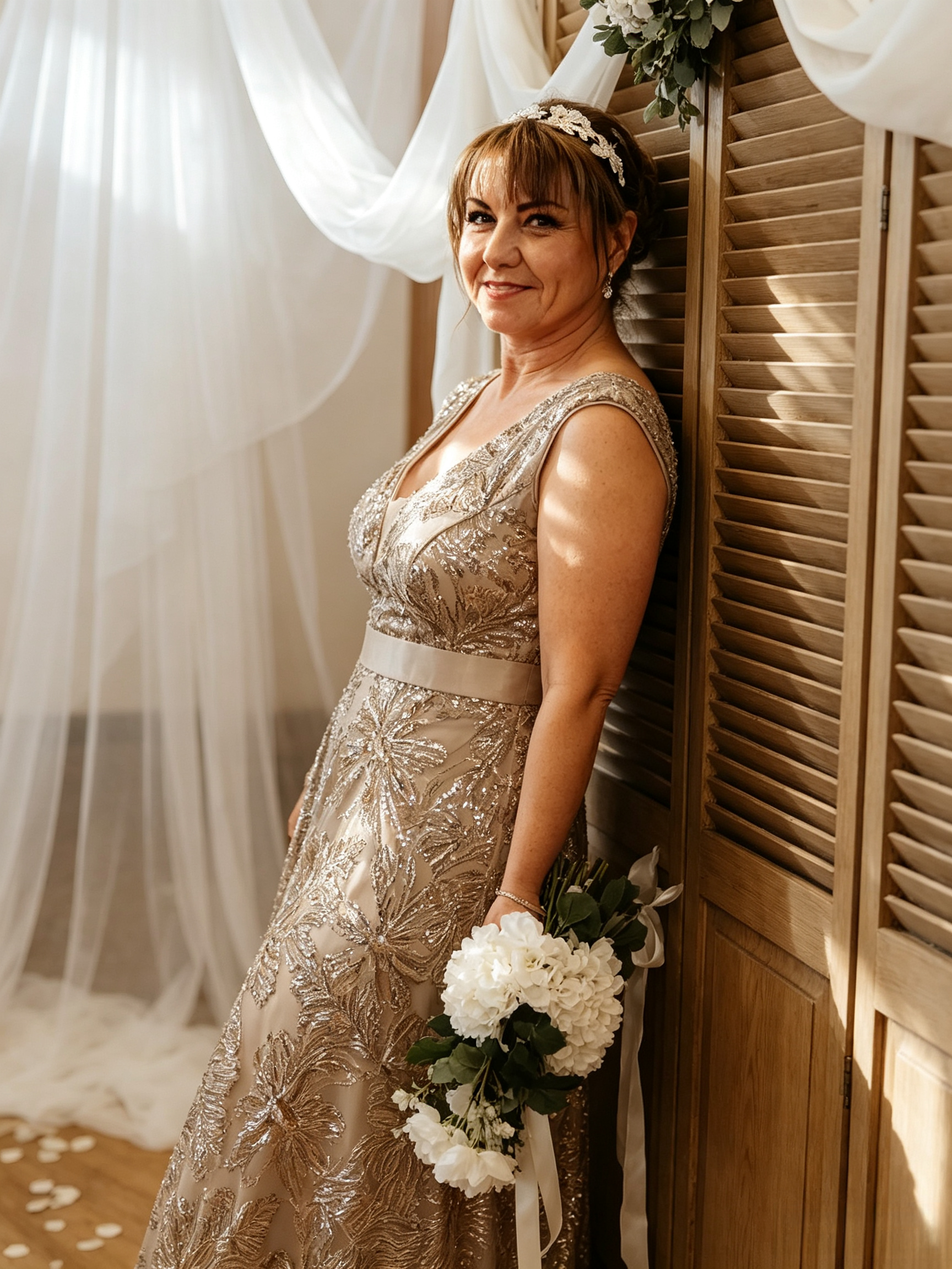Bride leaning against a wooden screen holding a bouquet