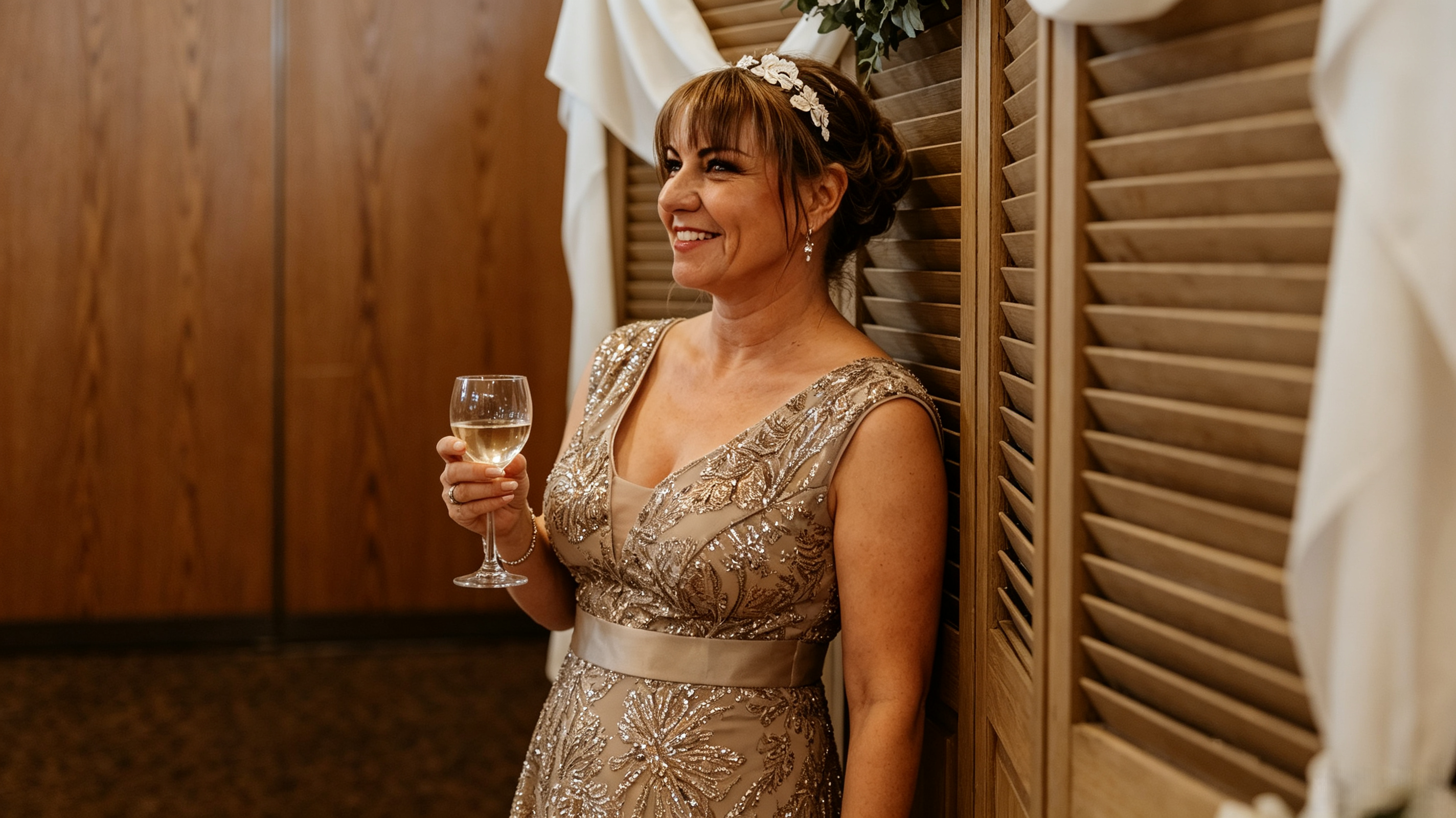 Bride in profile holding champagne at the vow renewal reception