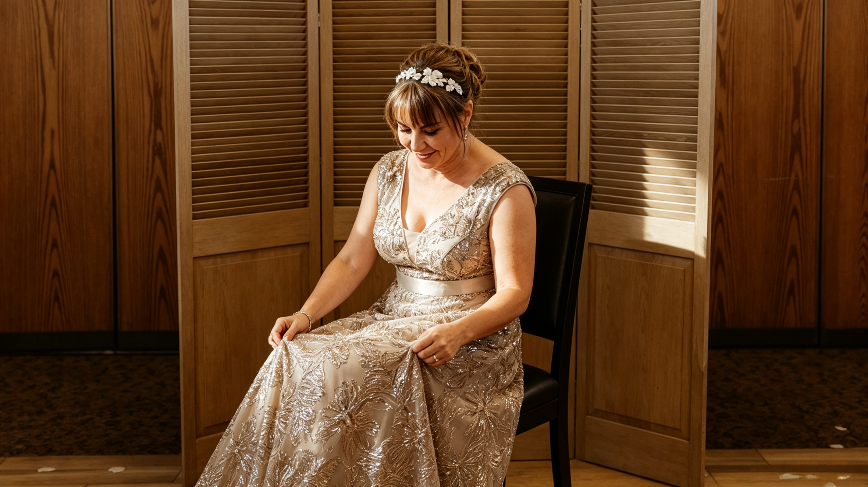 Bride seated while adjusting her sequined evening gown