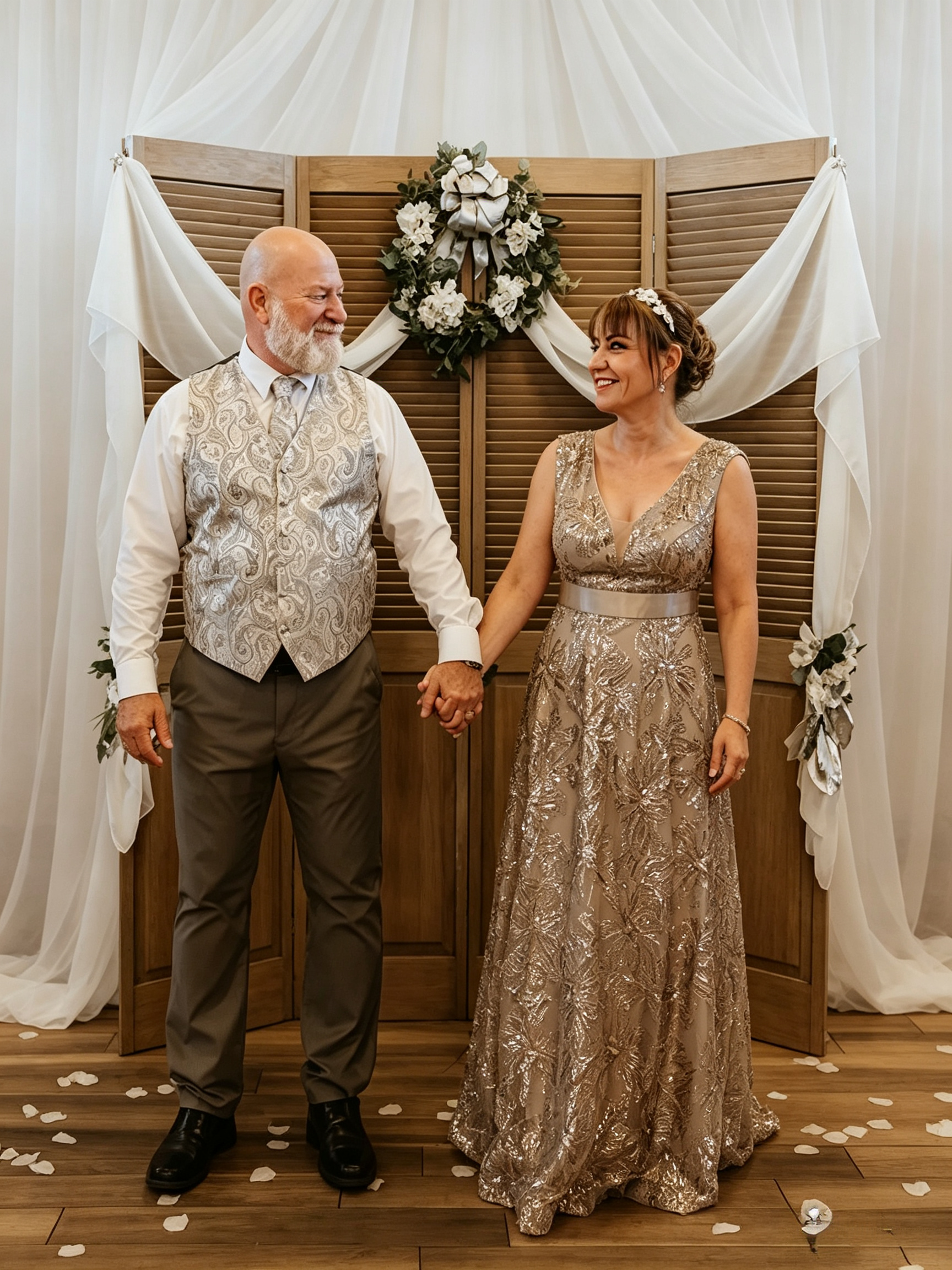 Couple holding hands at their vow renewal ceremony backdrop
