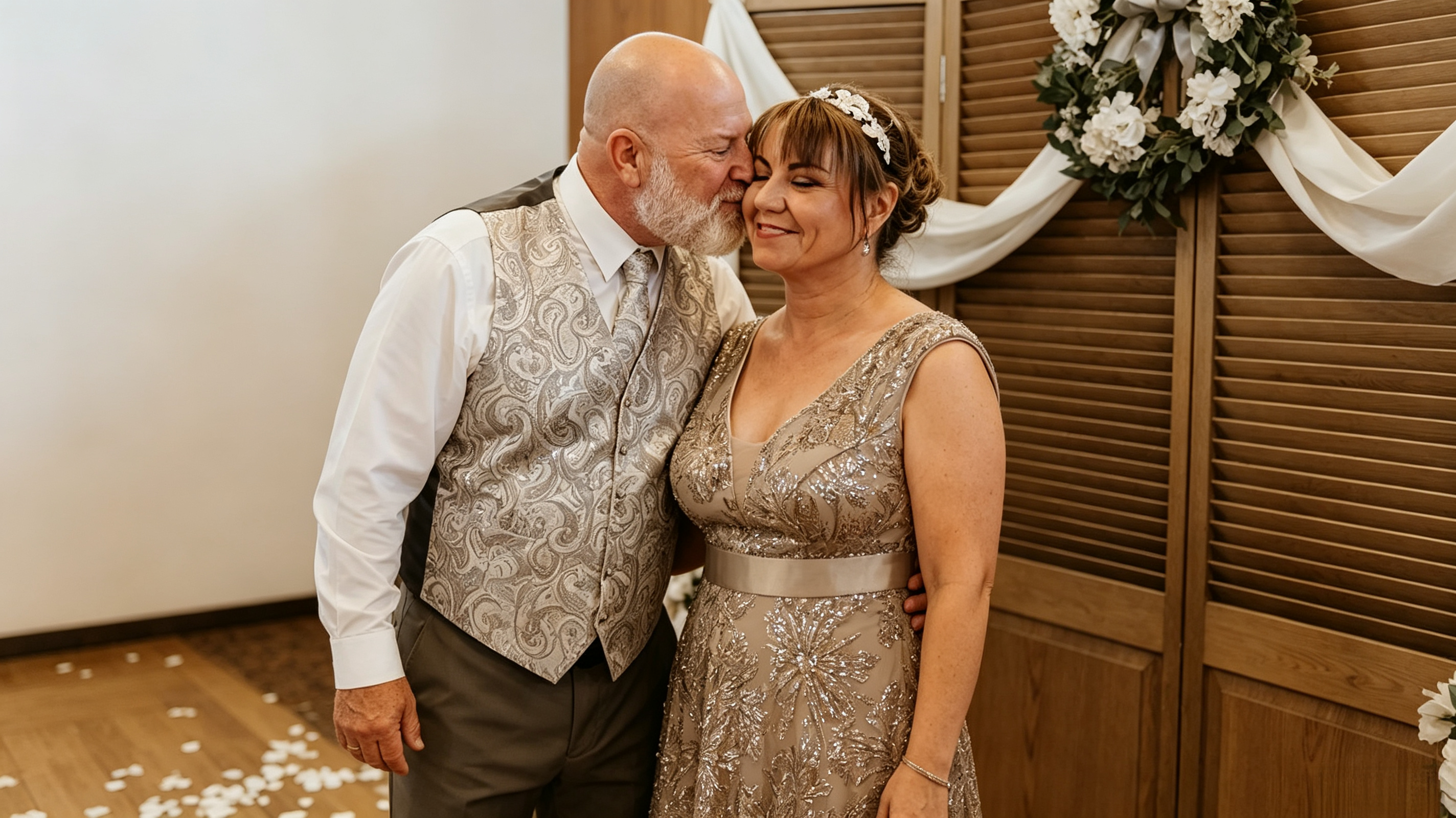 Couple sharing an intimate moment during their indoor vow renewal