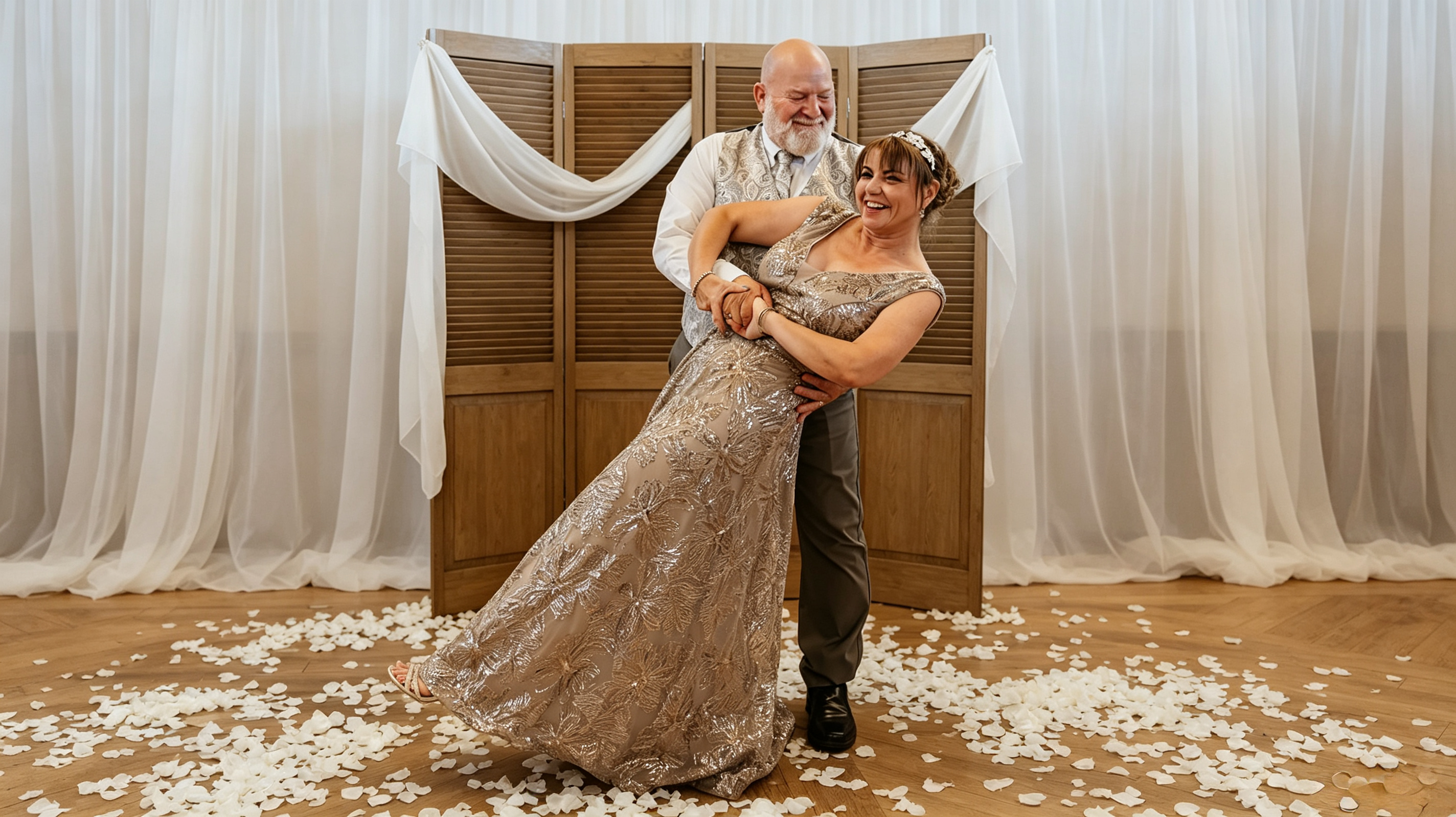 Couple dancing together on a petal covered wooden floor