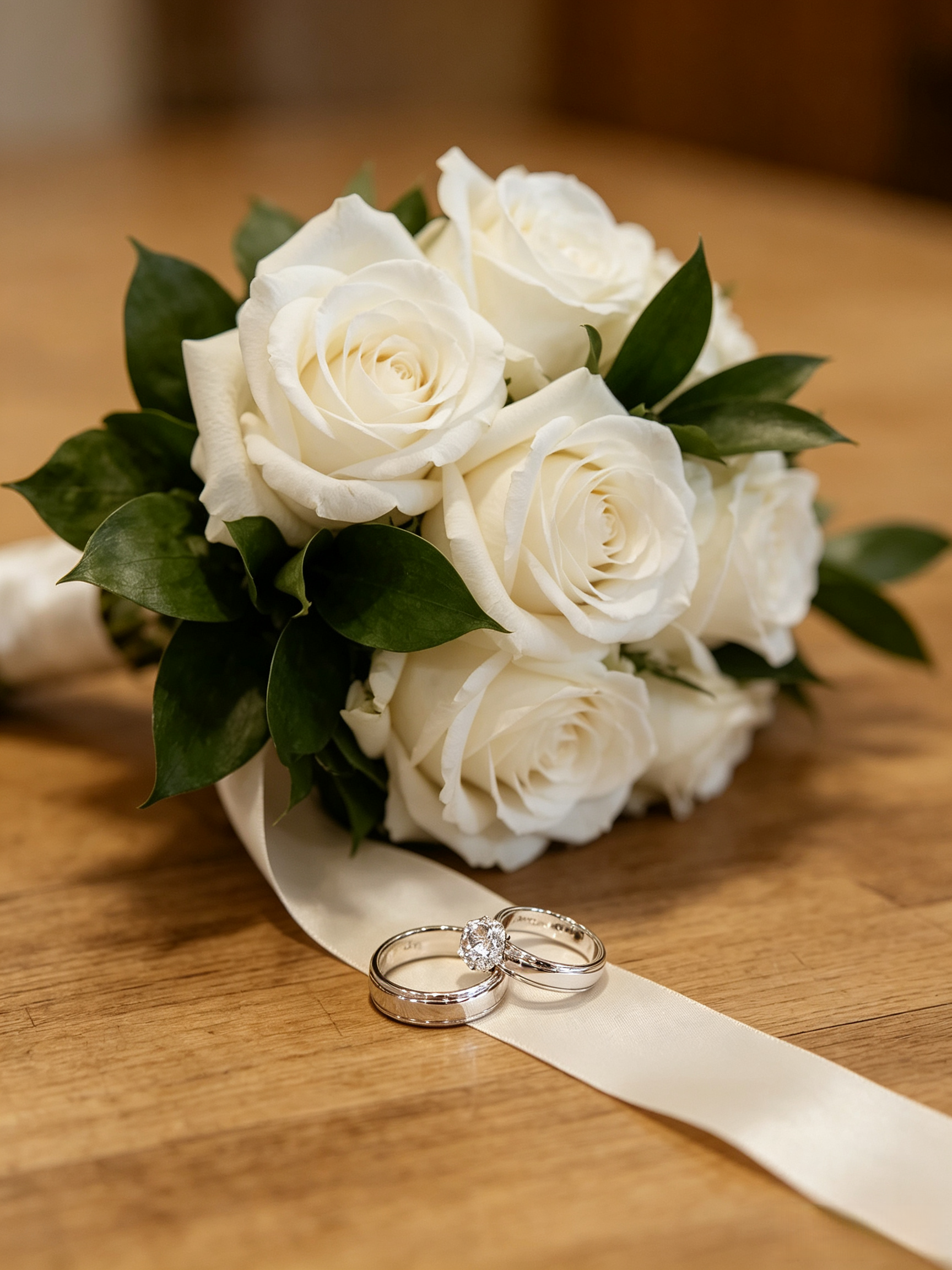 White wedding bouquet and silver wedding rings on a wooden table