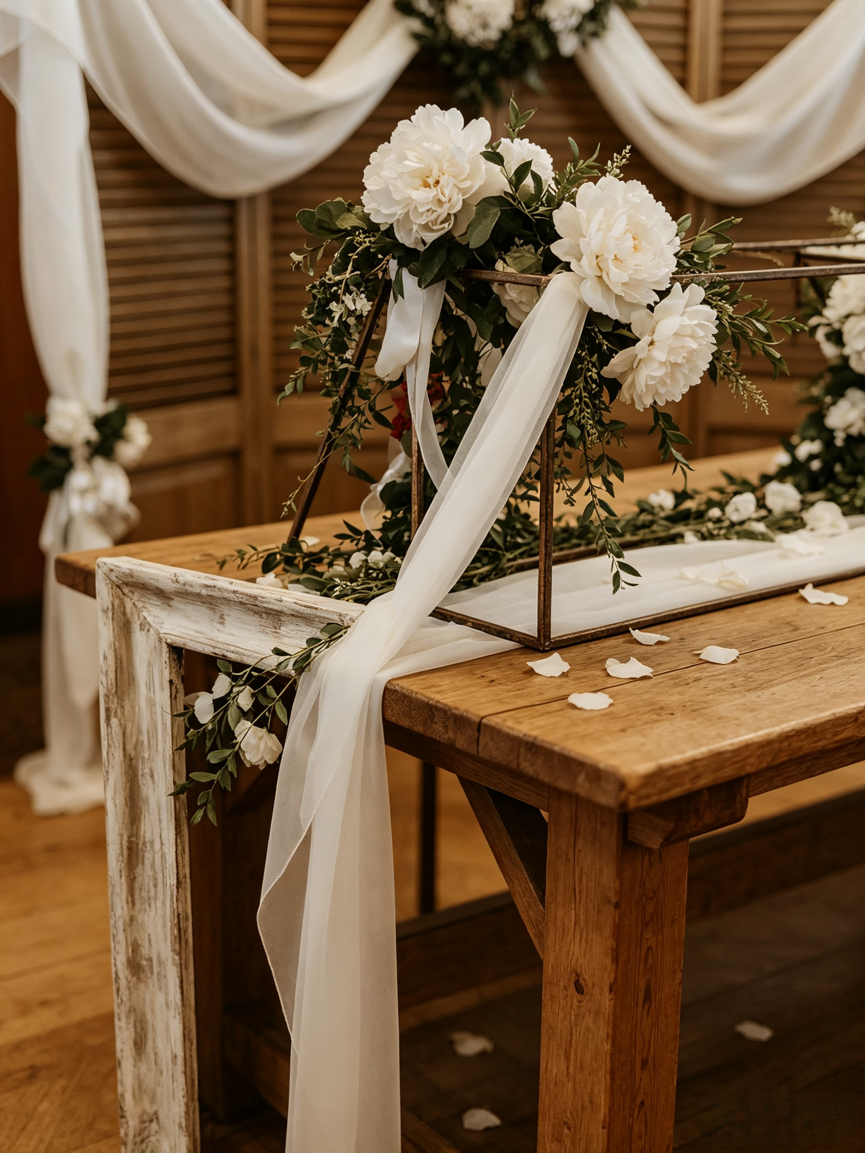 Ceremony table decorated with floral arrangements and sheer fabric